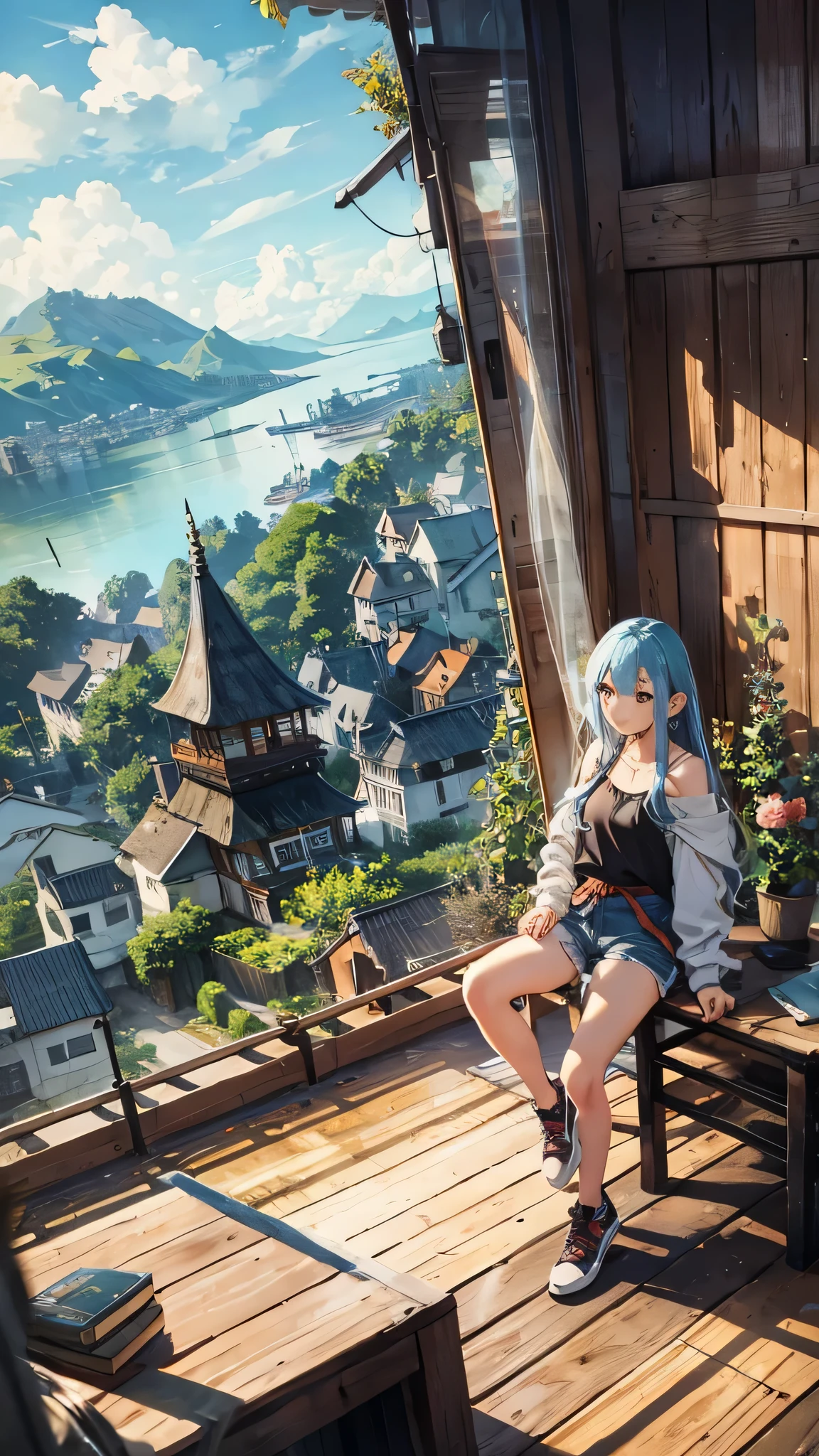 Highest quality、Highest quality、Masterpiece、girl((20-year-old、as soon as、Highest Bust、Medium Bust、Wide open chest、Red glowing eyes、Light Blue Hair、Disheveled Hair、Loincloth、thin、The best valley、Open chest、Full body view、White shorts、White tank top、Lie))、high quality、Beautiful Art、background((Wooden house、Wooden house具、Fan、White Curtains))、Depth((Ocean)),flight、Flying Debris、Depth of text、movie、Visual Arts、Perfect Art、8K、Genuine、Special Angles