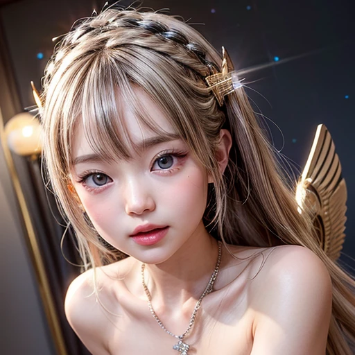 NSFW, 8k, High-level, absurd, masterpiece, best quality, primitive, very detailed CG, very detailed wallpaper, perfect lighting, Extremely detailed (((The personifying " Valkyrie " as a Little Girl))), MysticSight, Tyndall effect, Tyndall scattering, Studio gray background with (many Dazzling RainbowColor particles BokeH:1.28), (RoundlyButts, ThighGap), (Exposed:0.4), (Assfocus with looking ahead), BREAK (NOGIZAKA face variations) Extremely Detailed very KAWAII face variations, perfect anatomy, Childish, captivating gaze, elaborate detailed Eyes with (sparkling highlights:1.28), long eyelashes、Glossy RED Lips with beautiful details, Coquettish tongue, Rosy cheeks, Radiant PearlSkin with clear transparency . { (Dynamic LifeLike expressions:1.4) | :d) }, (large eyes:-1) .