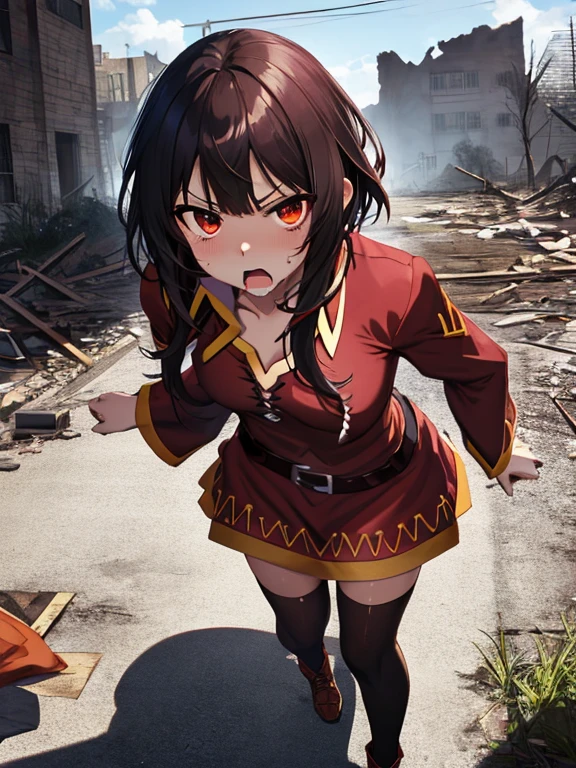 Disgusted Look, A look of disgust、Megumin、hostage、ruins、UHD, retina, masterpiece, ccurate, anatomically correct, textured skin, super detail, high details, high quality, best quality, highres, 4K