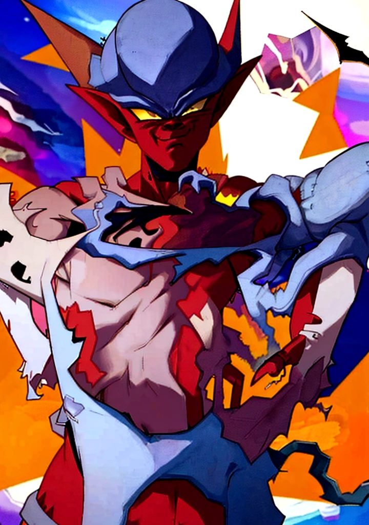 (solo:1.5),(1boy:1.3),(topless_male:1.5),janemba,standing,(wasteland),(wind_lift),(bare shoulders:1.2),((armor fragments:1.2)),(battle damage:1.5),(tearing clothes:1.8),fang_out,(evil smile:1.2),
