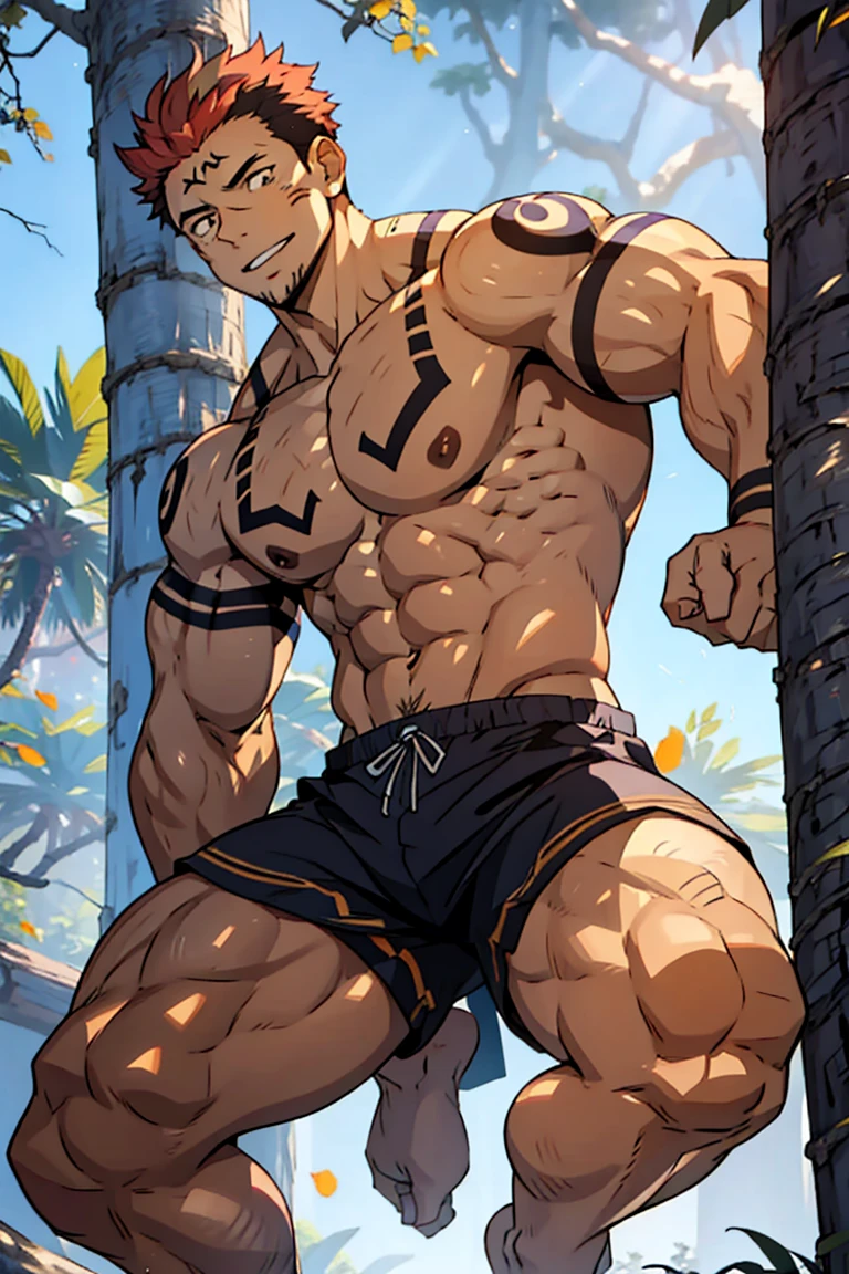 (canto da foto de baixo para cima) (imagem da mais alta qualidade) Lion man ,real, jovem, , vestindo shorts, virilha saliente, imagem de anime, Leaning against a tree, pernas bem abertas, male face, bonito rosto jovem, cabelo subcortado, huge muscle muscles of the chest, large strong thigh muscles, Biceps Sinewy muscles, Corpo enorme, corpo tonificado devido ao treinamento intenso, Well-developed muscles, ABS transparente de 8 embalagens, 3 metros de altura, topless, , pele brilhante, rede de suor pingando, hands on thighs, bare feet, Sem barba,Thick Legs,