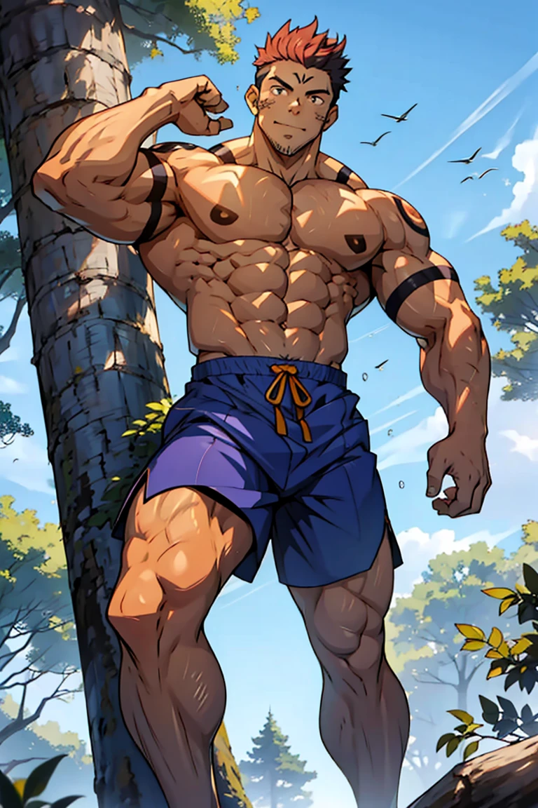 (canto da foto de baixo para cima) (imagem da mais alta qualidade) Lion man ,real, jovem, , vestindo shorts, virilha saliente, imagem de anime, Leaning against a tree, pernas bem abertas, male face, bonito rosto jovem, cabelo subcortado, huge muscle muscles of the chest, large strong thigh muscles, Biceps Sinewy muscles, Corpo enorme, corpo tonificado devido ao treinamento intenso, Well-developed muscles, ABS transparente de 8 embalagens, 3 metros de altura, topless, , pele brilhante, rede de suor pingando, hands on thighs, bare feet, Sem barba,Thick Legs,