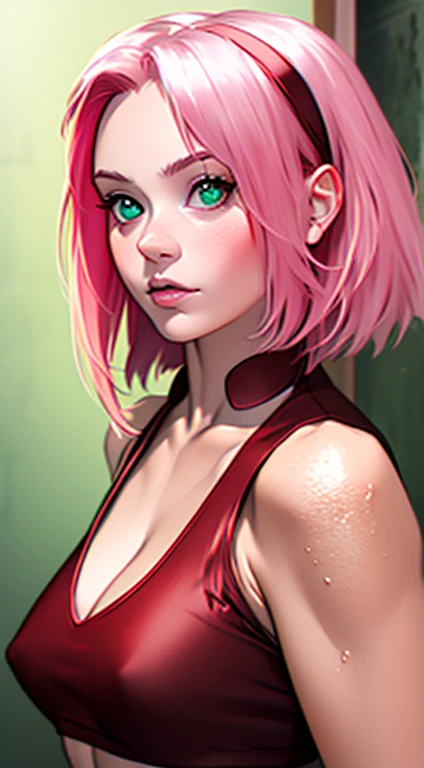 young woman, short shoulder-length pink hair, wide forehead, porcelain skin, pink eyebrows, big emerald green eyes, buttoned nose, full lips, heart-shaped face, slender body, small breasts, red tank top, Sakura Haruno , realistic, realism, details, 3d, well detailed
