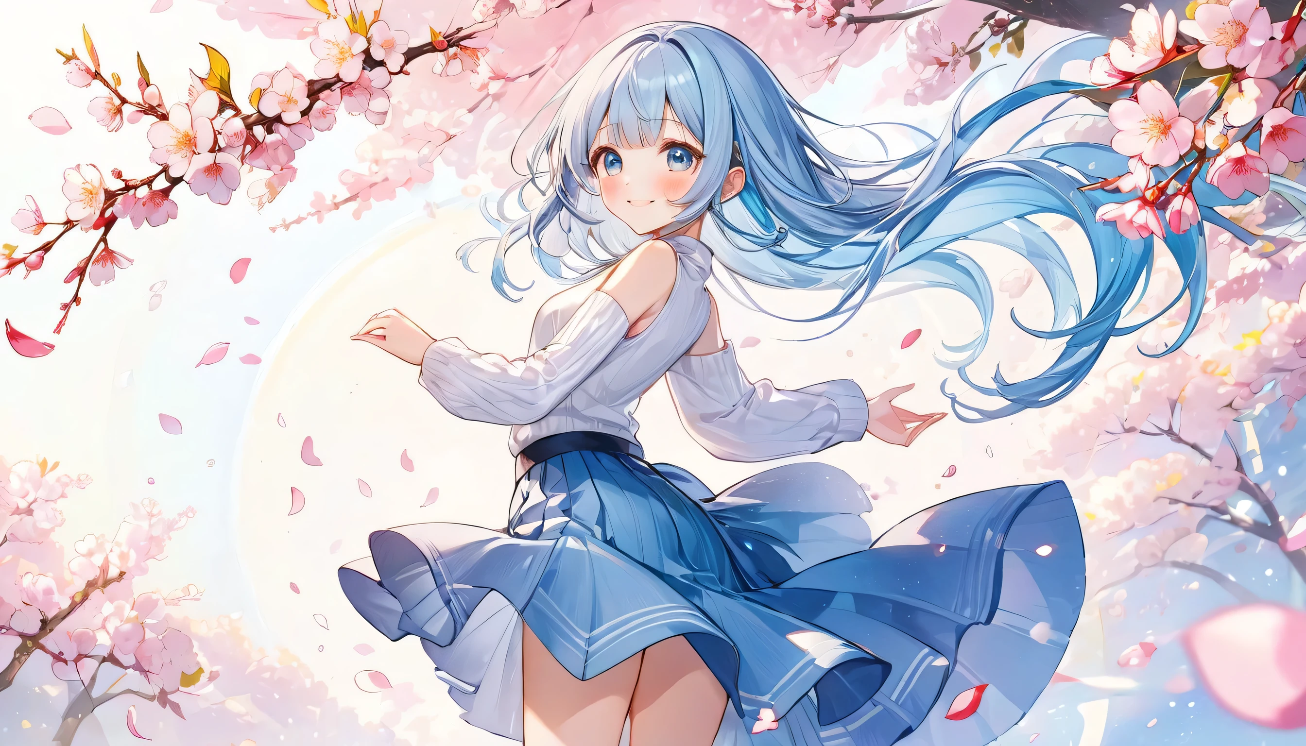 masterpiece, best quality, extremely detailed, (illustration, official art: 1.1), 1 girl, (((light blue long hair))), light blue hair, 10 years old, long hair ((blush)), cute face, big eyes, masterpiece, best quality, (((a very delicate and beautiful girl)))), amazing, beautiful detailed eyes, blunt bangs, tareme (true beautiful: 1.2), wearing white sleeveless ribbed turtleneck,blue long skirt, ((high tone　light blue  hair:1.3)),(long hair), (beautiful skin:1.4), neckless,small face, 1 girl, smiling, from behind,1girl, cherry blossoms, cherry blossom petals dance,Whole body,A long skirt fluttering in the wind
