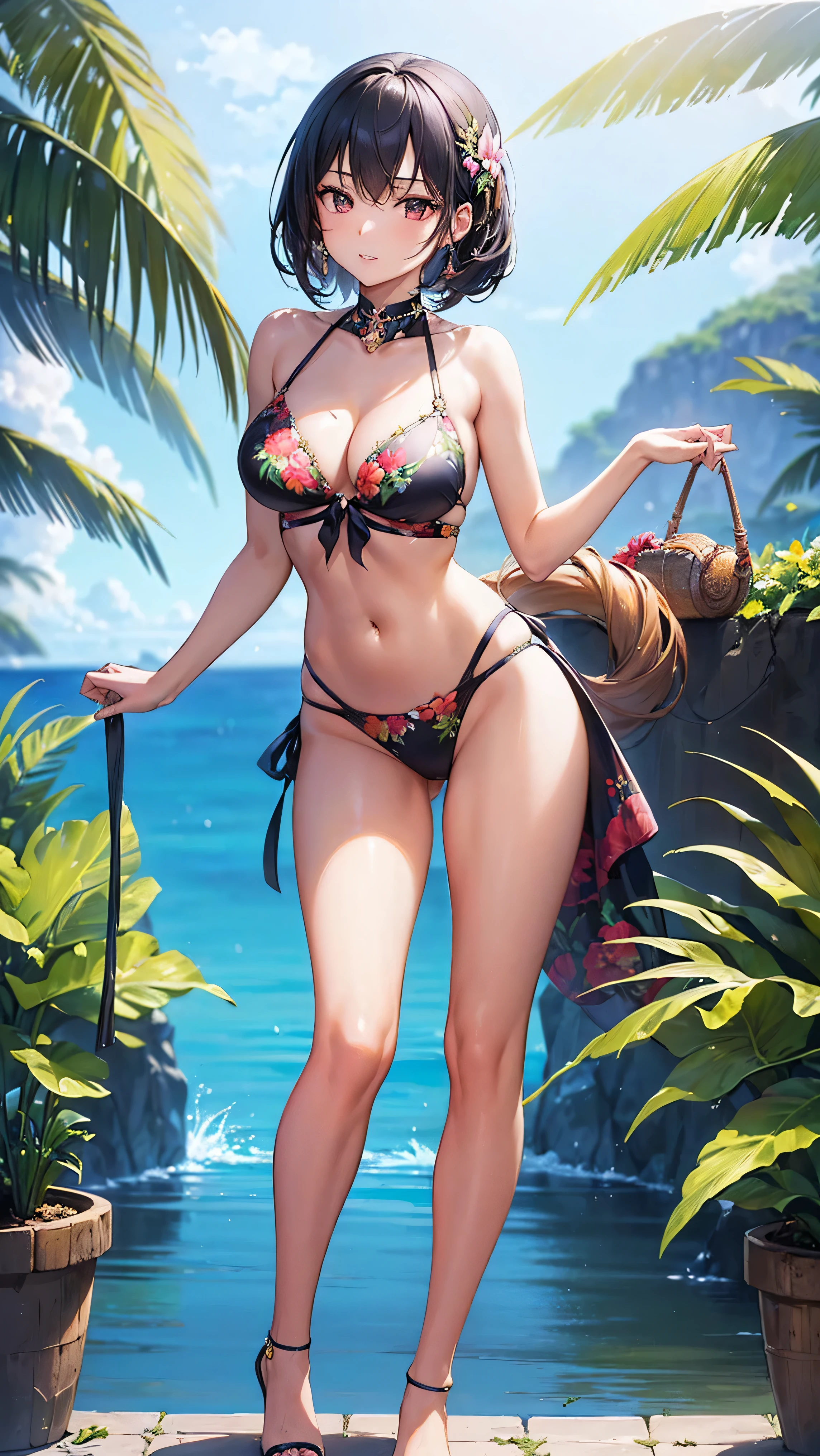 ((Finest quality)),(超A high resolution),(ultra-detailliert),(Meticulous portrayal),((best pictures)),(Finest works of art),Ultra-Precision Art,The art of astounding depiction, Tropical beaches:1.5,Tropical Flowers,suns, (One woman:1.5)Floral bikini swimsuit:1.5,See-through paleo:1.3