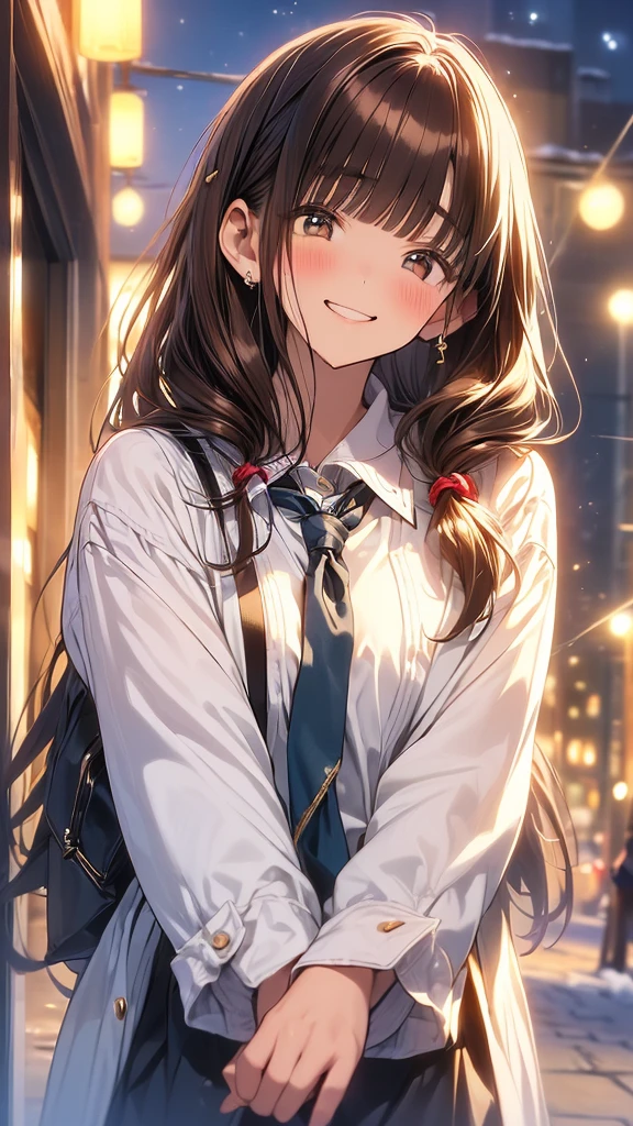 (Woman close up)、Depiction of the upper body、((20-year-old female))、((Smile))、((Tie-up hair、Brown Hair))、((Blushing))、((Open your mouth a little、High resolution、32K))、Cute Winter Clothes、((Late night love hotel district、neon))