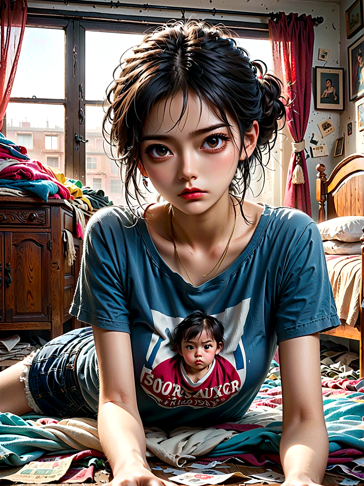 (a young girl with a disgusted expression), (Disgusted look:1.5), Messy hair, Sweating, Cleaning a messy room, dust, cobwebs, A bunch of clothes, Unmade bed, garbage on the floor, Realistic details, Realistic shadows, Realistic lighting, Natural light, Super Fine, Sharp focus, Physically Based Rendering, Extremely detailed description, major, Vivid colors