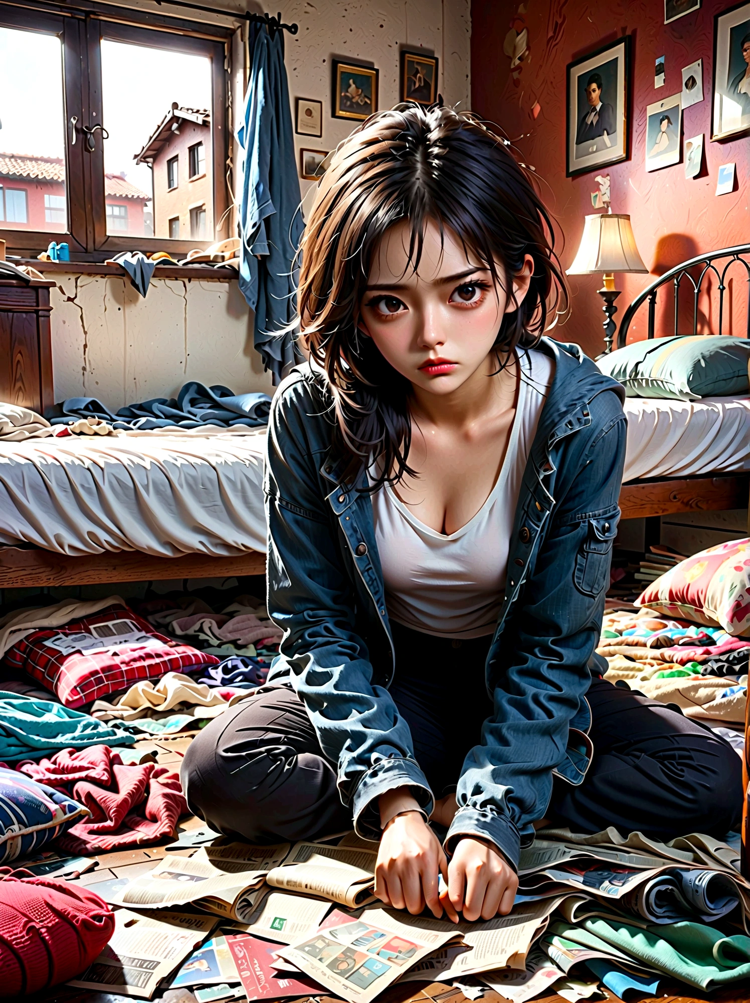 (a young girl with a disgusted expression), (Disgusted look:1.5), Messy hair, Sweating, Cleaning a messy room, dust, cobwebs, A bunch of clothes, Unmade bed, garbage on the floor, Realistic details, Realistic shadows, Realistic lighting, Natural light, Super Fine, Sharp focus, Physically Based Rendering, Extremely detailed description, major, Vivid colors