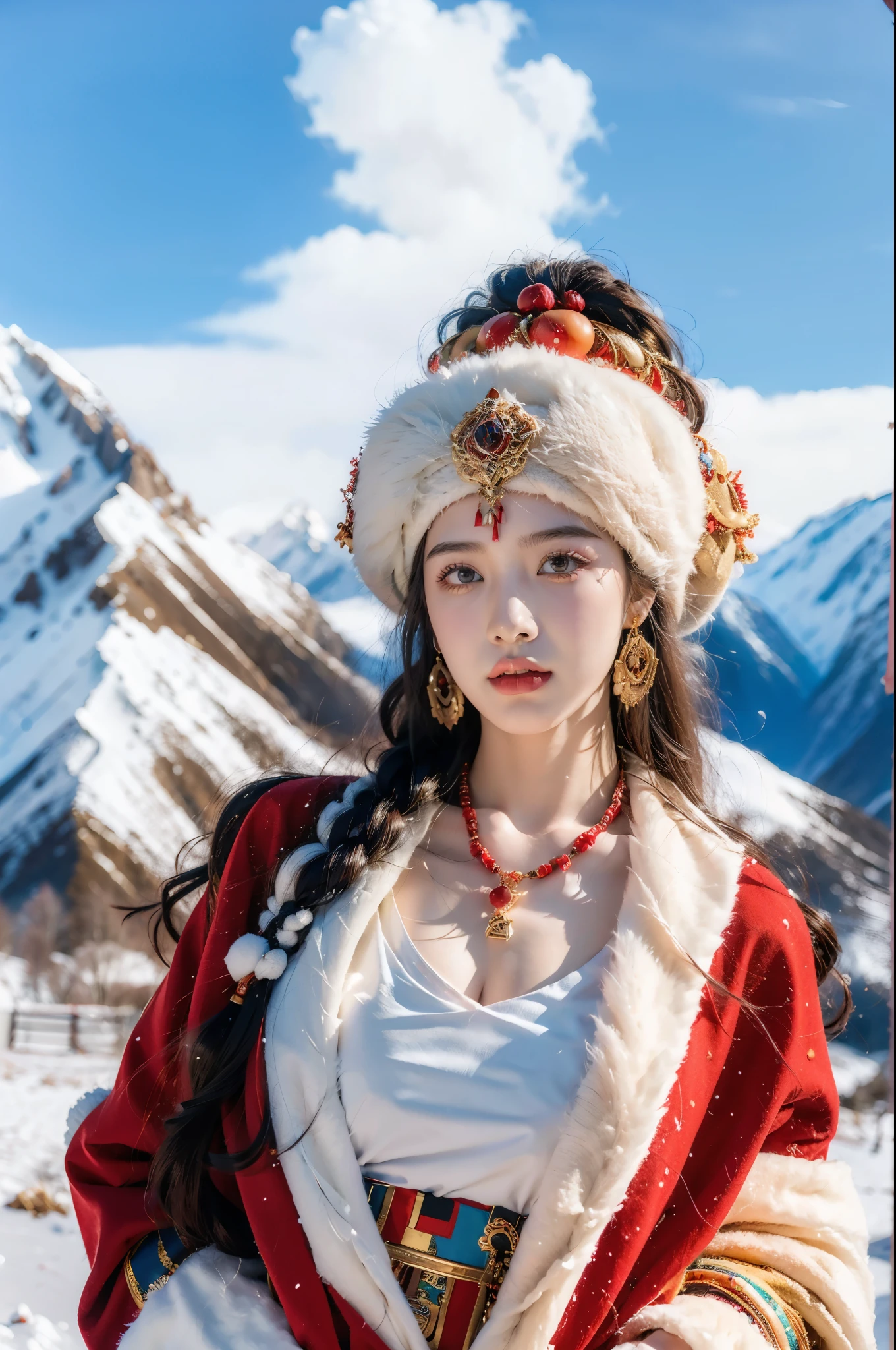 (masterpiece, best quality:1.2),red Tibetan clothing,1 Tibetan girl, blue sky, cloud, cloudy sky, day, earrings,Plush hat, horizon,Tibetan Earrings,jewelry,necklace, lips,snow mountain, outdoors, parted lips, red lips, solo, upper body,cleavage,gigantic breasts,navel