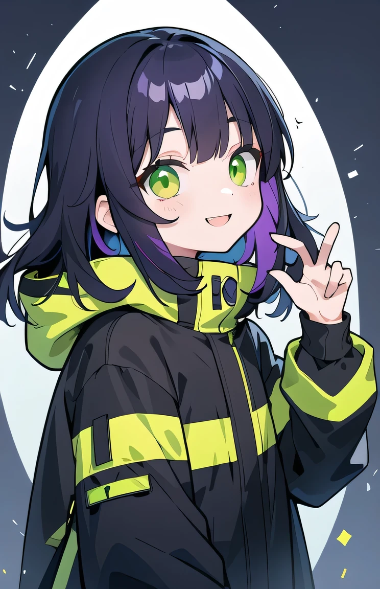 highest quality, masterpiece,Black dark blue hair, Fluorescent yellow-green eyes,Black clothes, Long sleeve、Black anorak parka、look up, Upper Body,hair,Fair skin,Long Hair、Purple hair tips、highest quality、The best masterpiece、smile