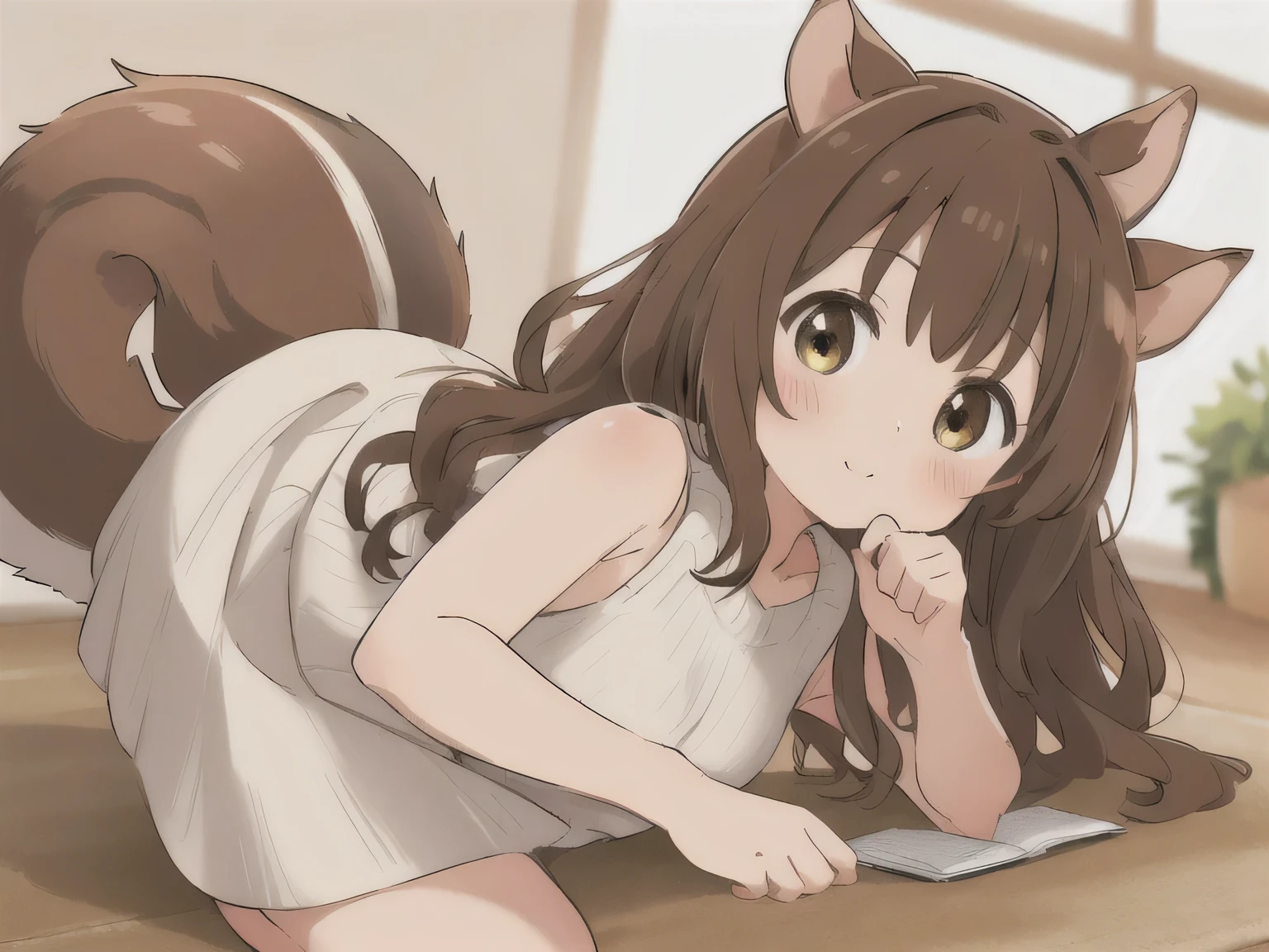 brown hair, wavy hair, squirrel ears, White sleeveless knit, cute girl, skirt