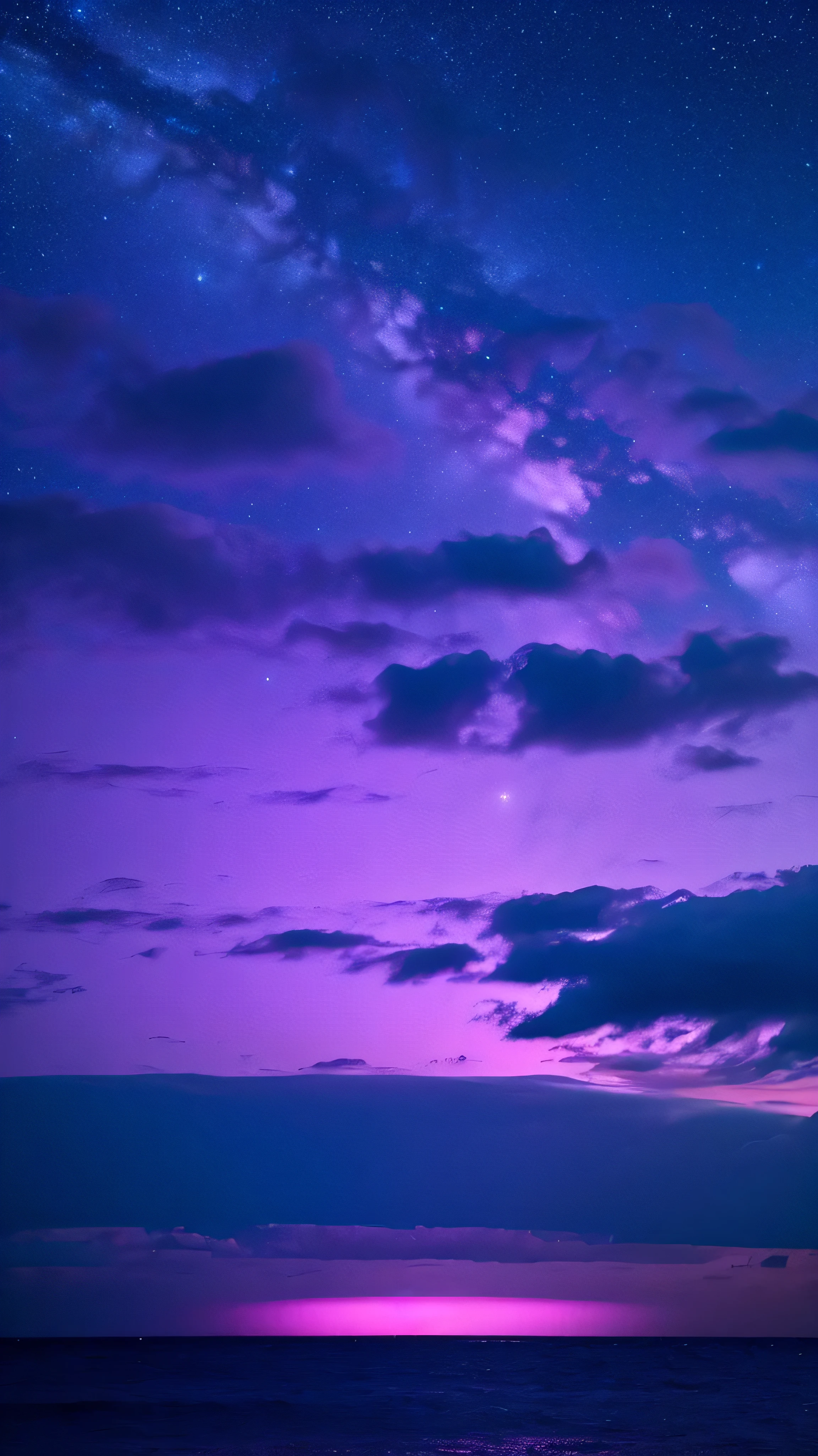 bioluminescent stars in the sky, pink half moon, touquois sky, soft cotton clouds, tourqouis ocean waves, shiny, purple water, galaxy, complementing lighting