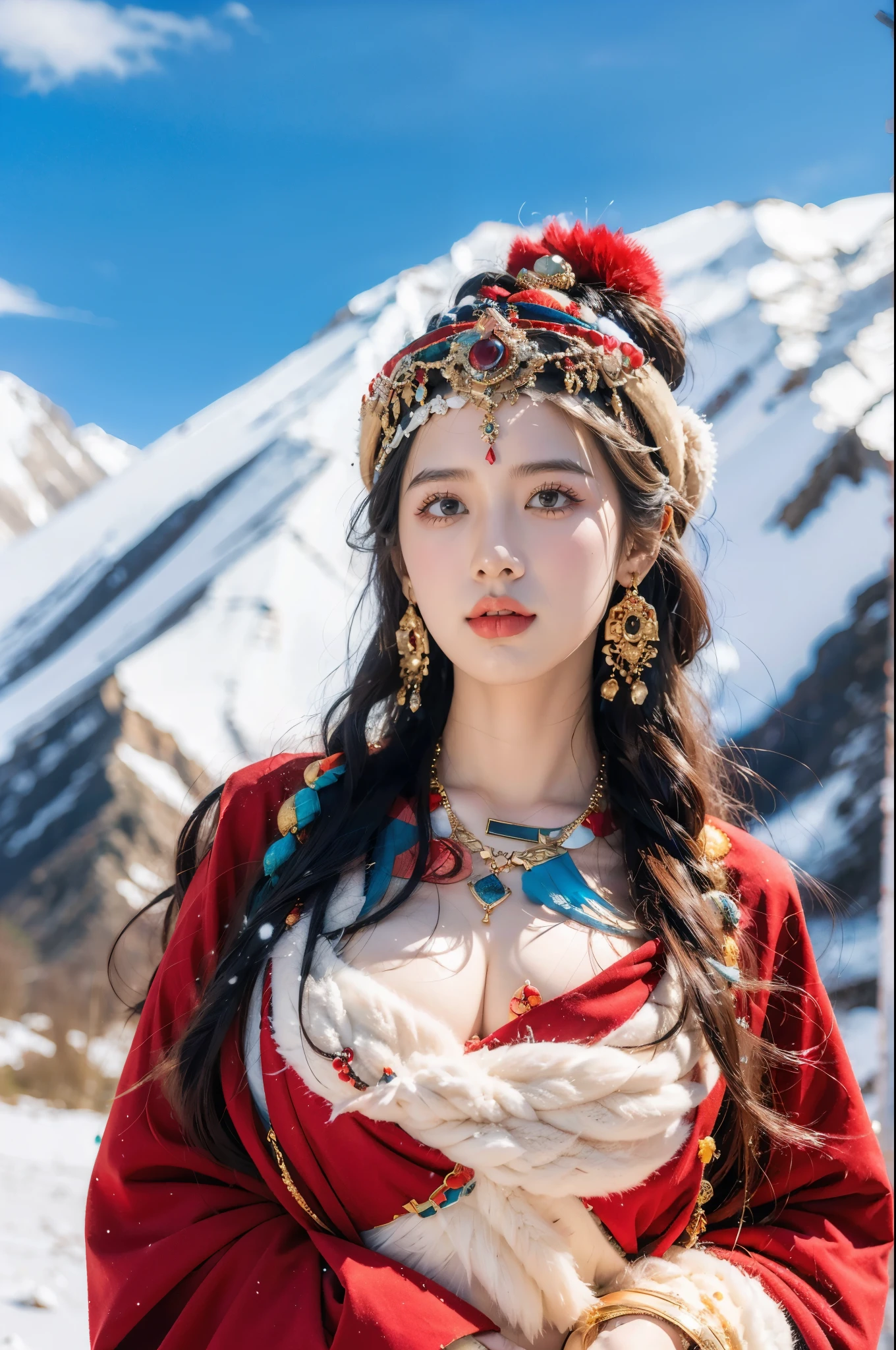 (masterpiece, best quality:1.2),red Tibetan clothing,1 Tibetan girl, blue sky, cloud, cloudy sky, day, earrings,Plush hat, horizon,Tibetan Earrings,jewelry,necklace, lips,snow mountain, outdoors, parted lips, red lips, solo, upper body,cleavage,gigantic breasts,navel