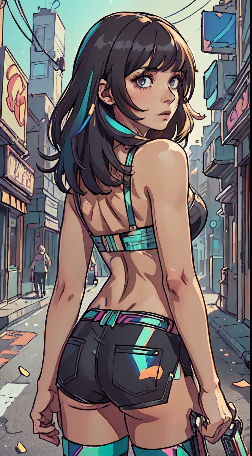 (masterpiece), (best quality), (ultra detailed), (illustration), (1girl), standing, Fashion model, backview, (simple background),,(high saturation),(colorful splashes),(shining), dark hair, bangs, floating hairs, (shining), best lighting, best shadow, cyberpunk, popart, holding a big machete, neon signs, street background