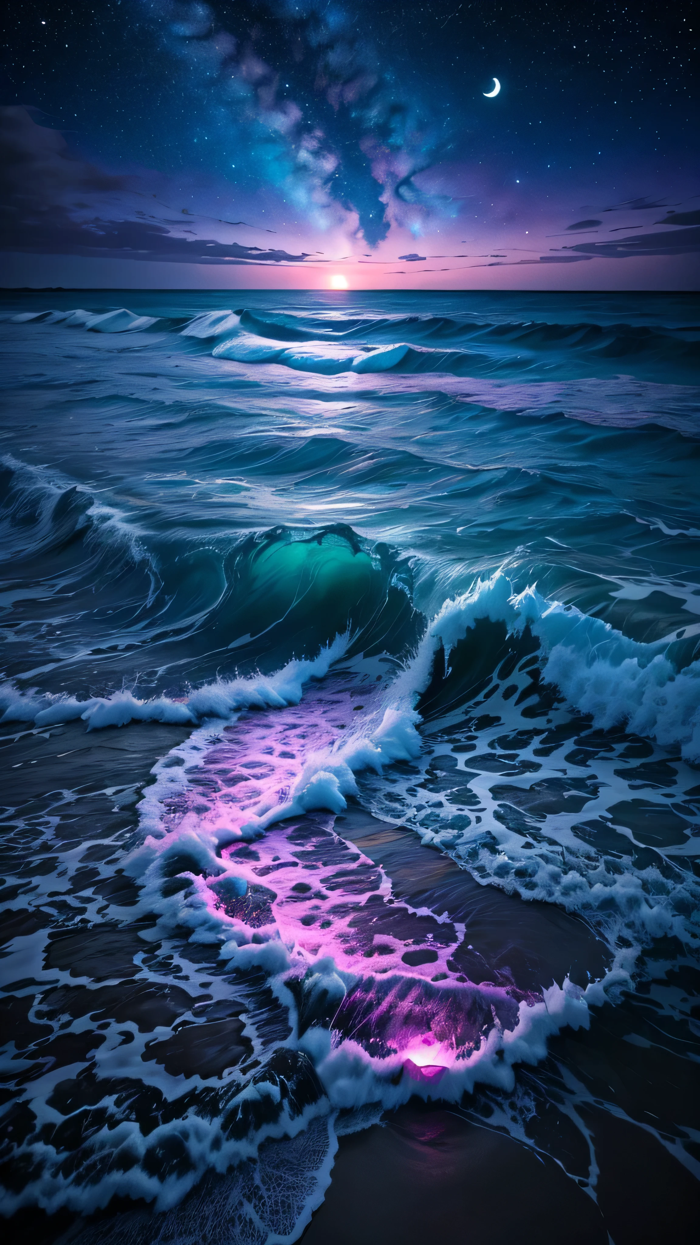 bioluminescent stars in the sky, pink half moon, touquois sky, soft cotton clouds, tourqouis ocean waves, shiny, purple water, galaxy, complementing lighting