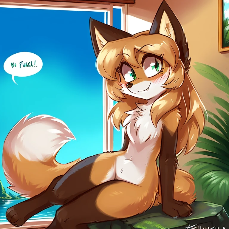 by fluff-kevlar, by Zackary911, by Kenket, by Kilinah, by fluff-kevlar, uploaded the e621, beautiful and detailed, beautiful and detailed portrait of an anthropomorphic vixen ((woman)), (detailed fur), woman (((female))) ((anthro)) Fox, ((detailed background)), ((depth of field)), [sharp focus], [detailed ambient light], [natural window lighting], (Averi, Fox girl), cinematic lighting, Fox, (anthro, fluffy fur), anthro fox girl, body fur, curvy, sexy, nice, cute, hot, digital drawing, SFW, flat chest, chest fluff, blushing, green eyes, sassy, sassy hips, cute friendly smile, heart, hearts, speech bubble, looking at viewer, close up, sitting, sitting on a rock