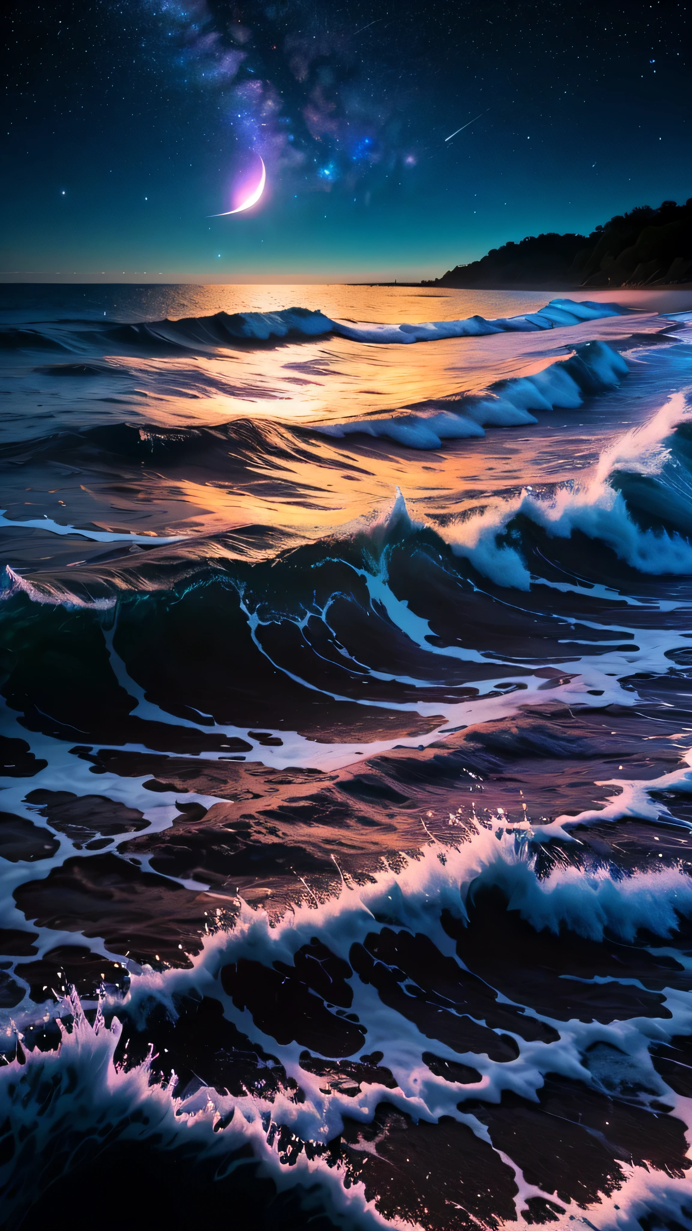 bioluminescent stars in the sky, pink half moon, touquois sky, soft cotton clouds, tourqouis ocean waves, shiny, purple water, galaxy, complementing lighting