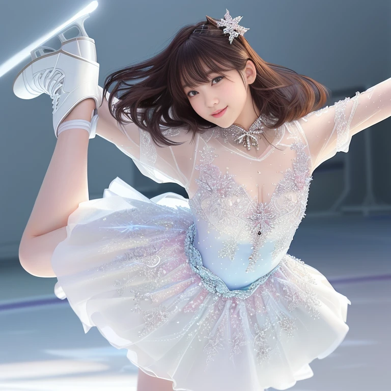 Photo-realistic quality、A 20-year-old Japanese idol skating on an ice rink in a white dress, !!beautiful!!, looking at the camera、beautiful日本人モデル、Detailed and beautiful eyes、Cute smile、A soft and gentle look、Wearing skates
