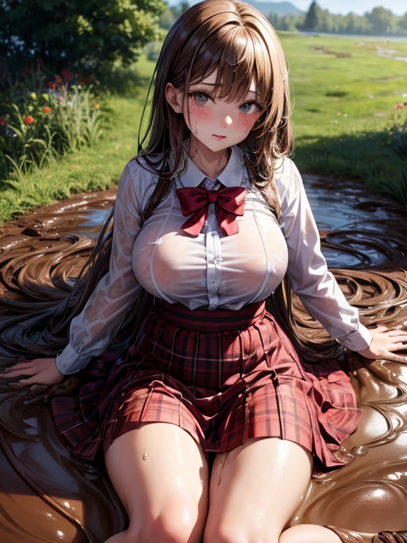 (masterpiece, best quality:1.2),  , looking at viewer , school girl wet white clothes, soaked, dripping wet, wet hair, wet skin, translucent, glistening with oil, fully clothed, wet muddy field, dripping with mud, muddy arms, muddy hair, lying in mud, submerged, covered all over, muddy face , skirt dark red , plaid skirt , pleated skirt , Tight shirt , white Shirt , school girl  , red knot , red bow , school , skirt is adjacent to the chest , big breasts , big tits