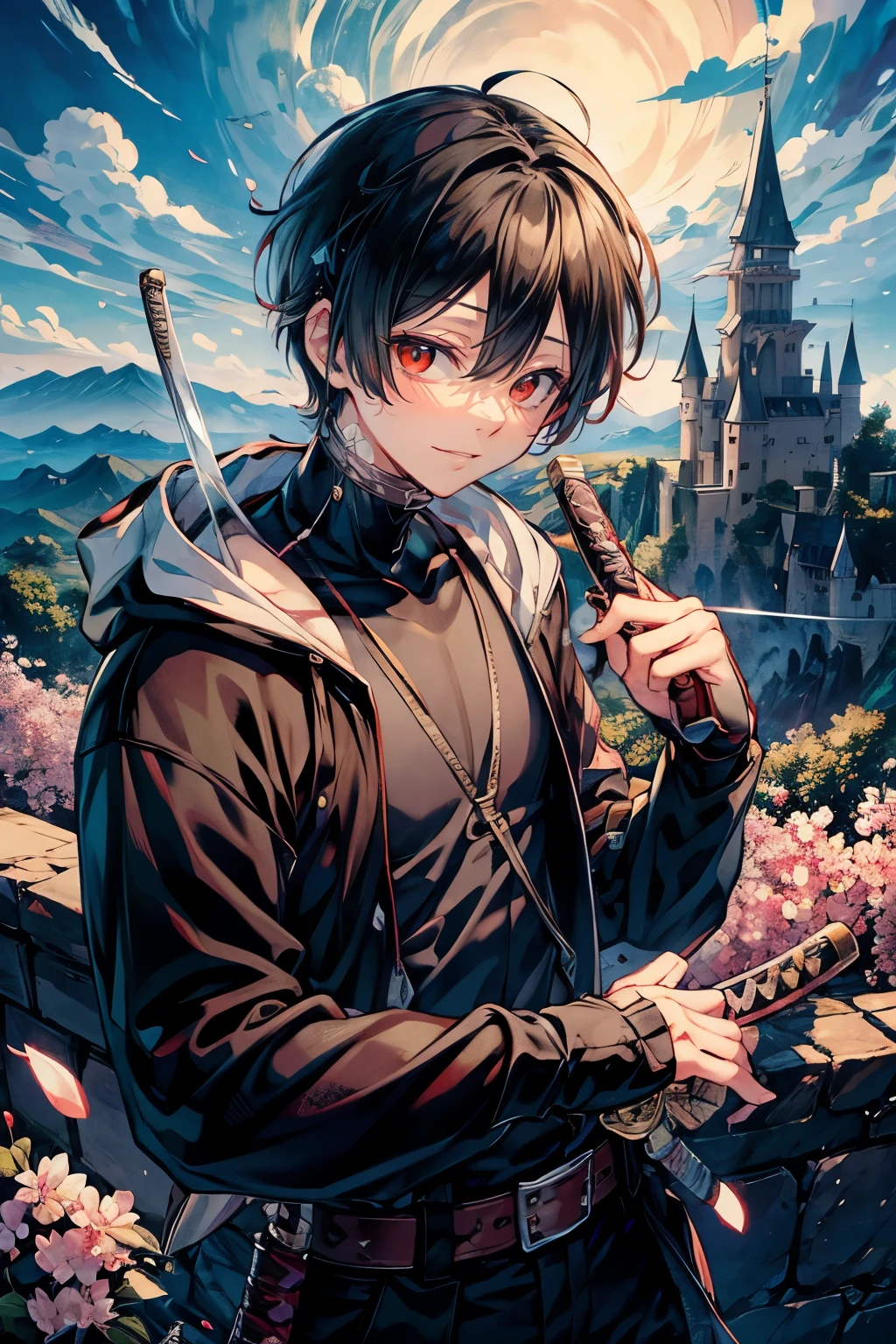 hasuichi nishizono, rekkyo sensen, rekkyou sensen, male focus, boys with((sharp eyes, black hair, waving is hands, suspenders, blue clothes, belt, blue knit sweater, straps, furry hoodies, upper body, short hair, sleeves rolled up, perfect hands, perfect fingers, katana, sword, weapon)), background with((fantasy world, cherry brossom, ruin, castle, beautiful sky, shining sky, sunshine))