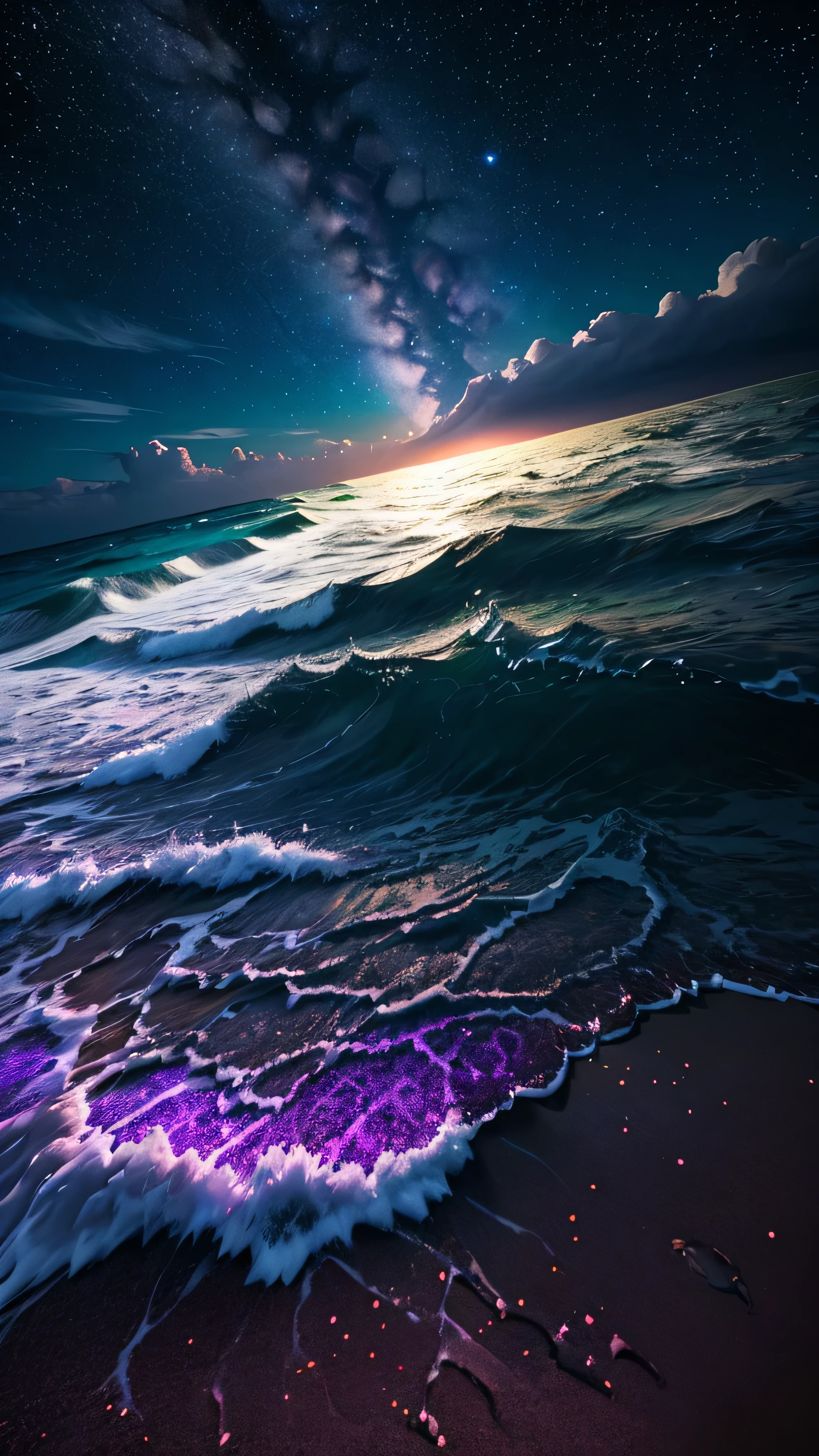 bioluminescent stars in the sky, pink half moon, touquois sky, soft cotton clouds, tourqouis ocean waves, shiny, purple water, galaxy, complementing lighting