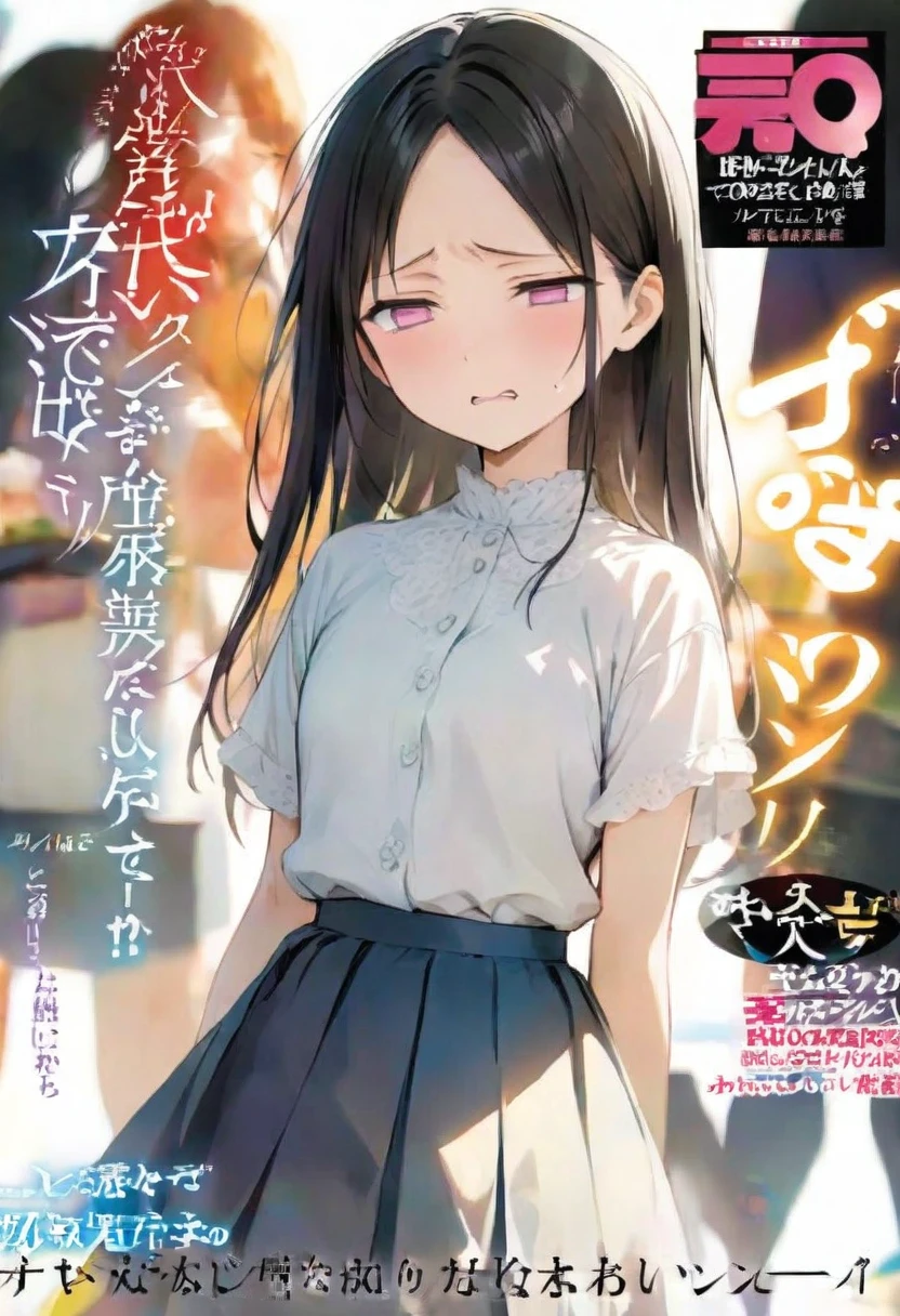Magazine cover(masterpiece, best quality:1.2),,(((The eyes are delicate)))Fraction_9,Fraction_8_Direction_7_Direction_6_up, source_Japanese cartoons, disgusted face, Solitary, 1 Girl, looking at the audience, disgust, skirt, upper body, White background , long hair, Hair combed back,Shadowed side,(8K)(HD)