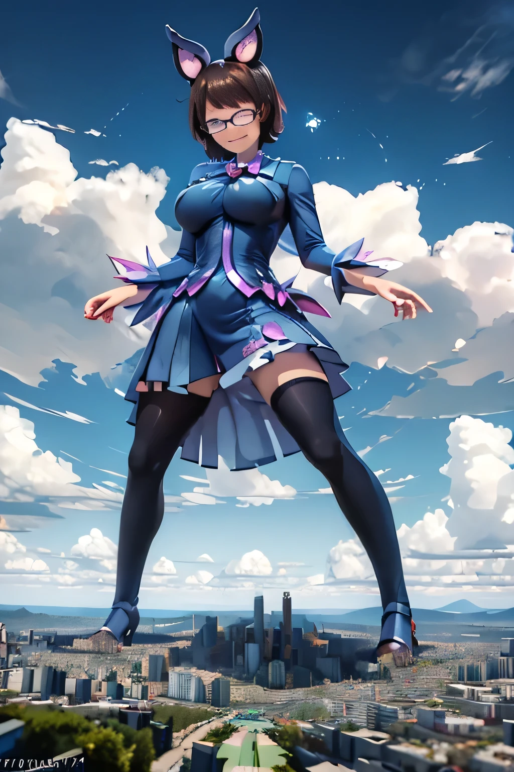 giantess art, highly detailed giantess shots, giantess, most detailed, perfect face, Two legs, Five fingers, A beautiful girl who is bigger than a skyscraper, short hair, Wearing rimless glasses, smile, huge breasts, blue base magical girl dress, bow, magical girl, holding a magical wand, black pantyhose, blue stiletto heels, thunderbolt from a magical wand, Destroying cities, Under heavy attack, A very small big city, Miniature metropolis, Full body description, GTS, giga giantess, stomping city, crash city, tiny city, micro city, pantyhose feet, High resolution, highest quality, masterpiece, peeing self,
