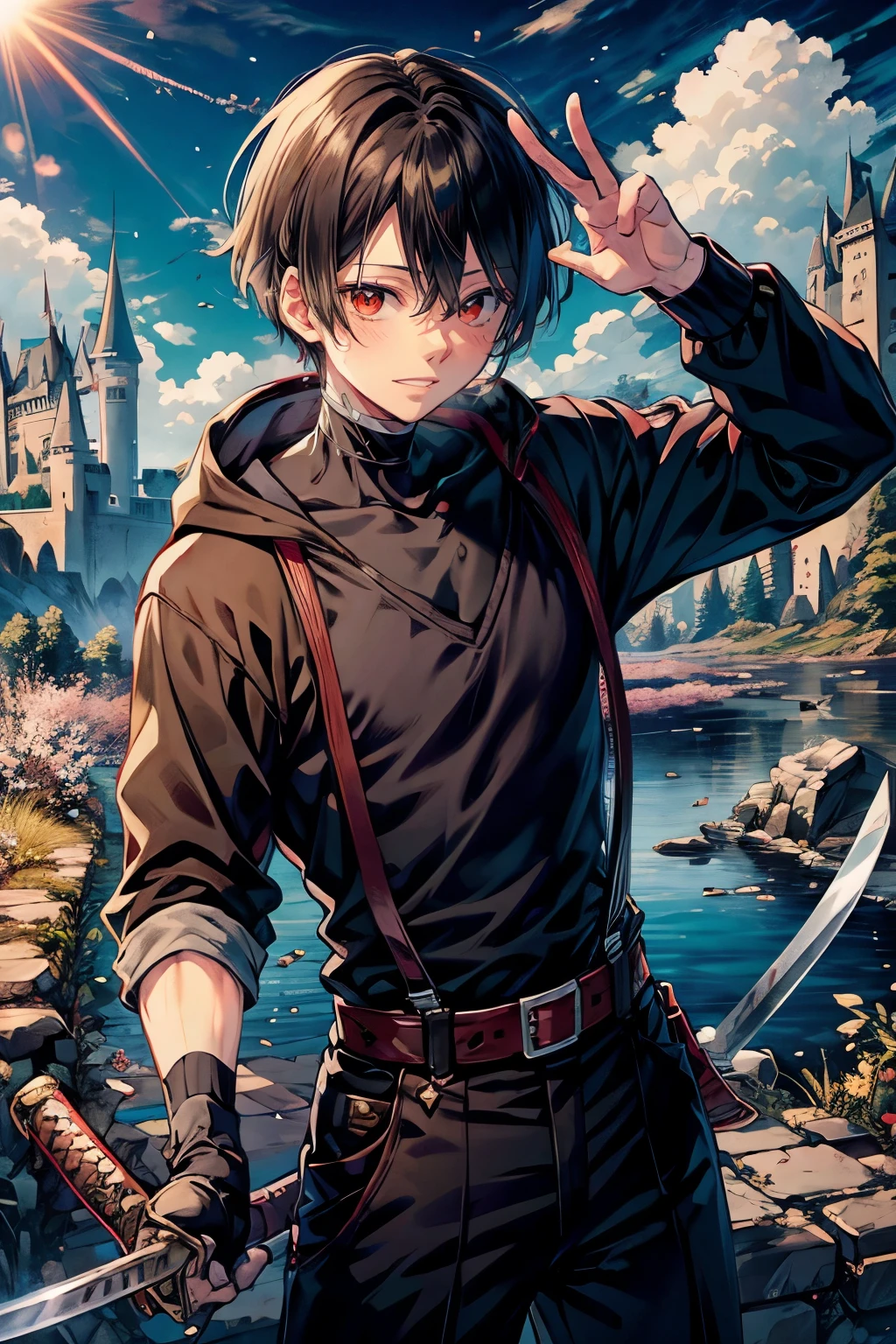 hasuichi nishizono, rekkyo sensen, rekkyou sensen, male focus, boys with((sharp eyes, black hair, waving is hands, suspenders, blue clothes, belt, blue knit sweater, straps, furry hoodies, upper body, short hair, sleeves rolled up, perfect hands, perfect fingers, katana, sword, weapon)), background with((fantasy world, cherry brossom, ruin, castle, beautiful sky, shining sky, sunshine))