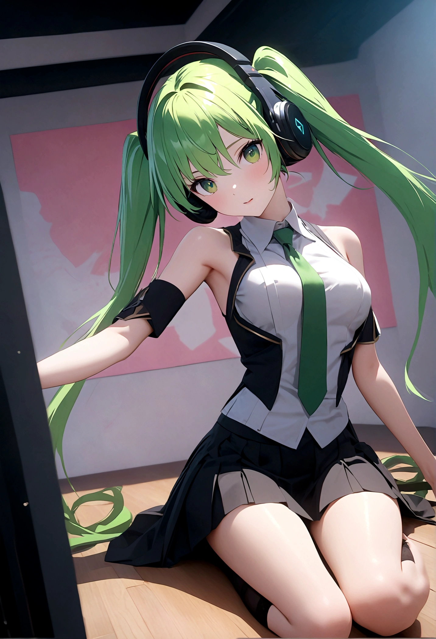 DJ,DJ Booth,DJ equipment,live,ponytail,1 person,club house,Turntable,Mirror ball,smile,headphone,high school girl,Green Hair,No sleeve,Black Pantyhose,highest quality,High resolution,Droopy eyes,Green Eyes,uniform,Straight bangs,Black and green outfit,Big Breasts,Open your mouth a little,Near future,smile,mini skirt,sit