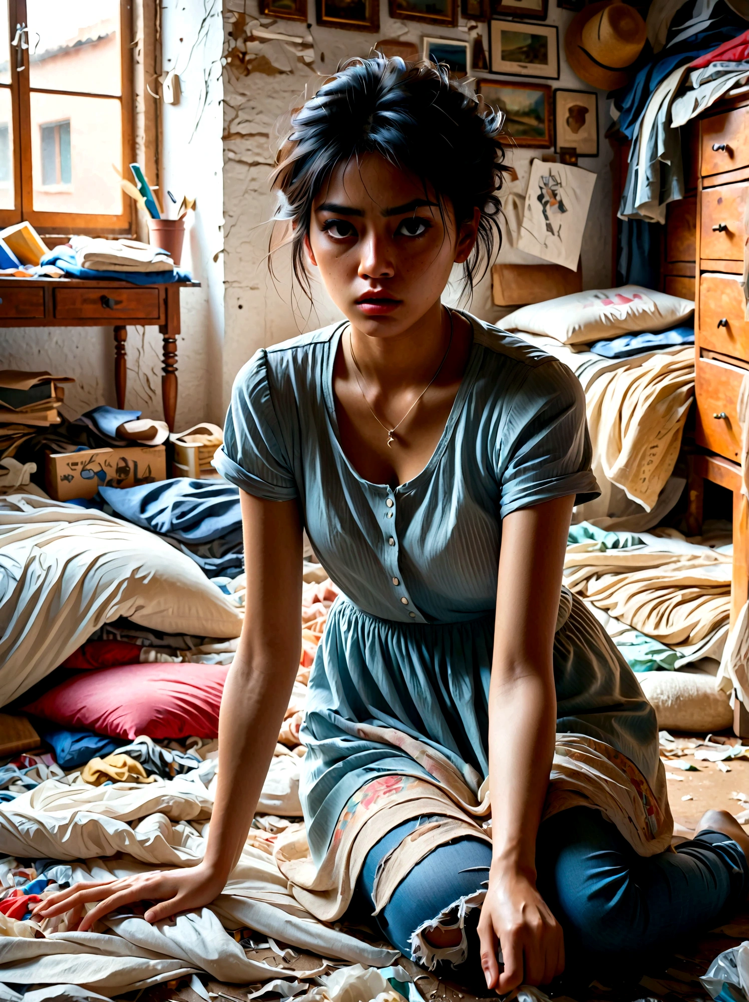 (a young girl with a disgusted expression), (Disgusted look:1.5), Messy hair, Sweating, Cleaning a messy room, dust, cobwebs, A bunch of clothes, Unmade bed, garbage on the floor, Realistic details, Realistic shadows, Realistic lighting, Natural light, Super Fine, Sharp focus, Physically Based Rendering, Extremely detailed description, major, Vivid colors