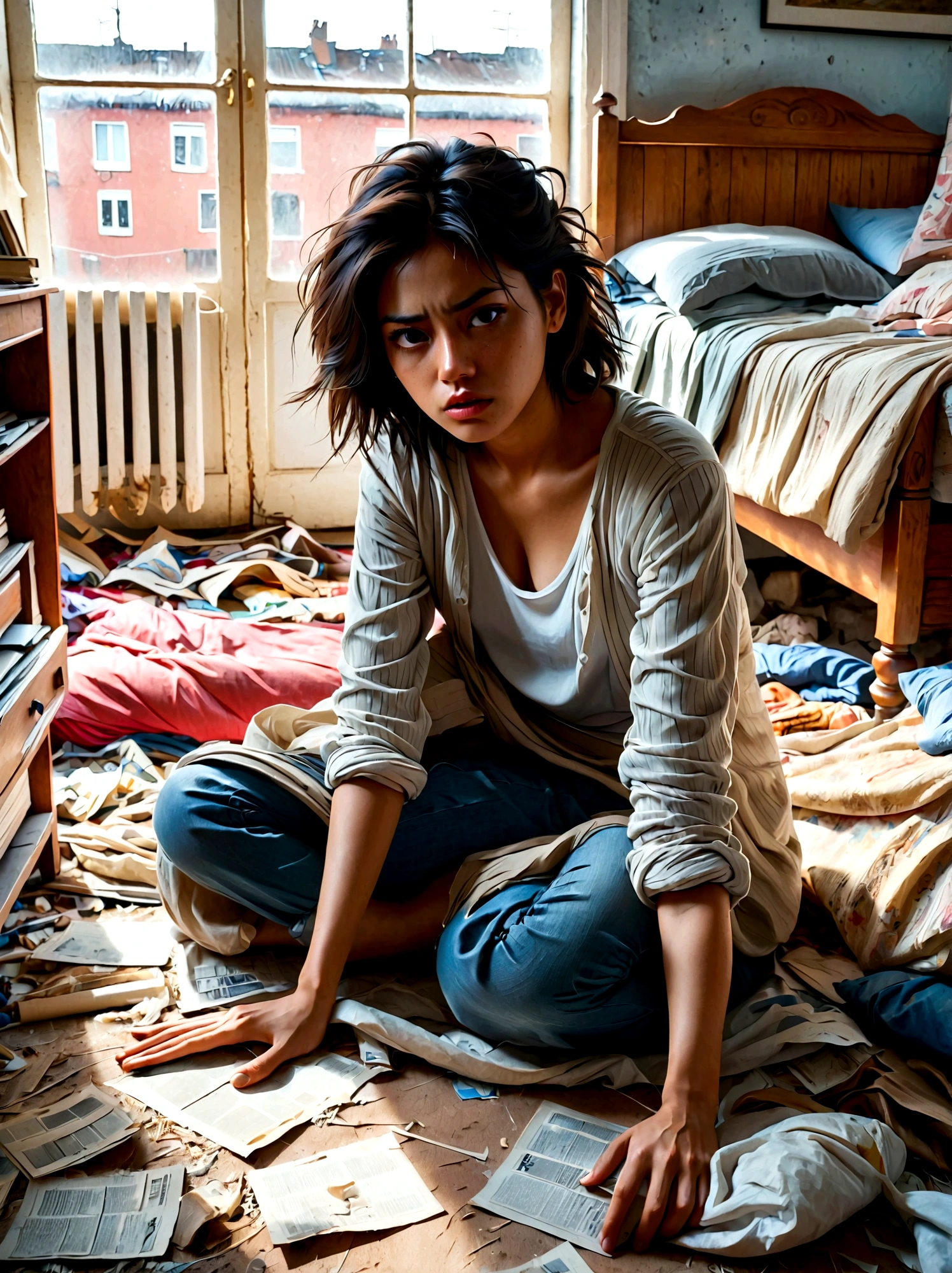 (a young girl with a disgusted expression), (Disgusted look:1.5), Messy hair, Sweating, Cleaning a messy room, dust, cobwebs, A bunch of clothes, Unmade bed, garbage on the floor, Realistic details, Realistic shadows, Realistic lighting, Natural light, Super Fine, Sharp focus, Physically Based Rendering, Extremely detailed description, major, Vivid colors