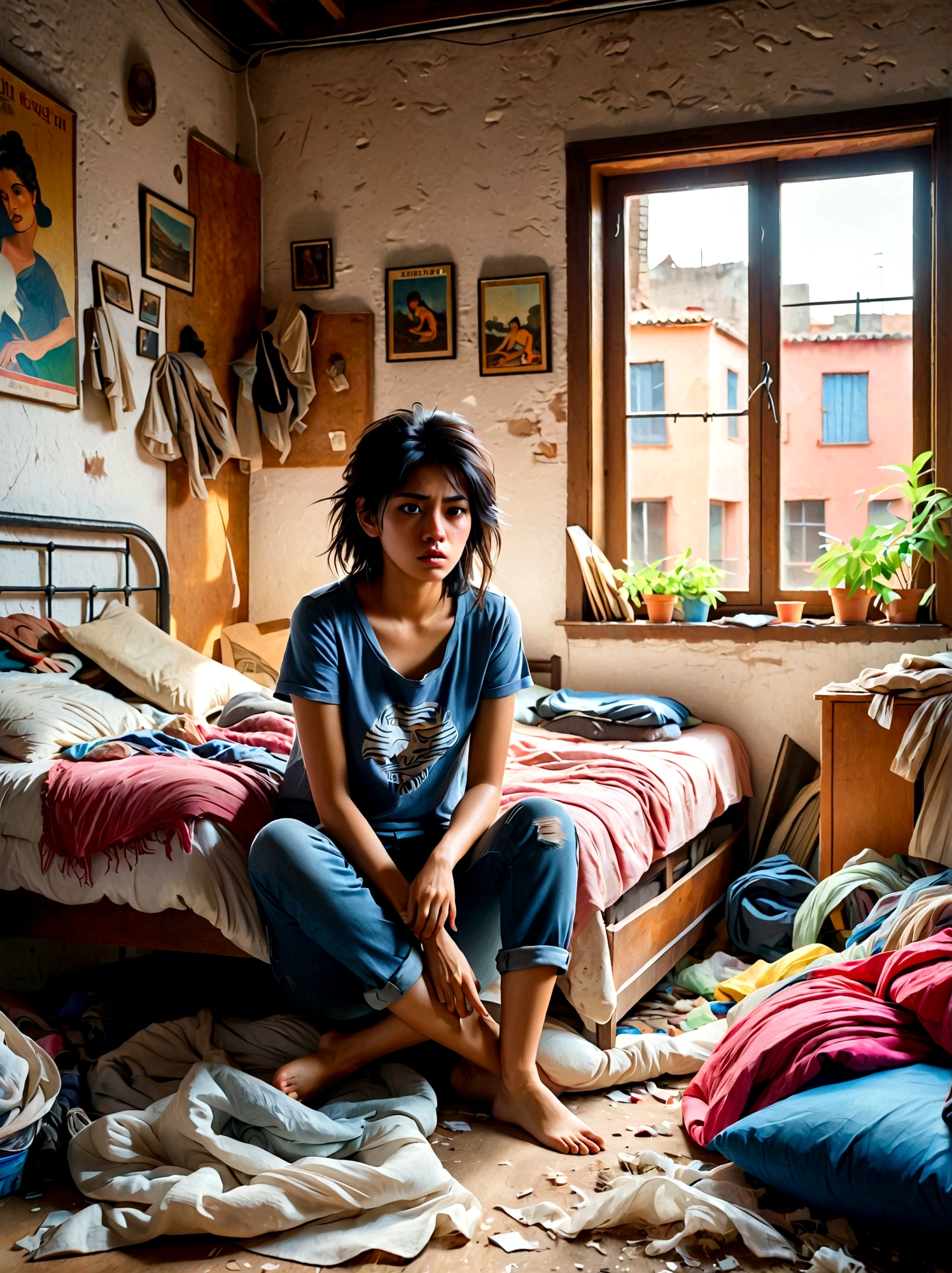 (a young girl with a disgusted expression), (Disgusted look:1.5), Messy hair, Sweating, Cleaning a messy room, dust, cobwebs, A bunch of clothes, Unmade bed, garbage on the floor, Realistic details, Realistic shadows, Realistic lighting, Natural light, Super Fine, Sharp focus, Physically Based Rendering, Extremely detailed description, major, Vivid colors