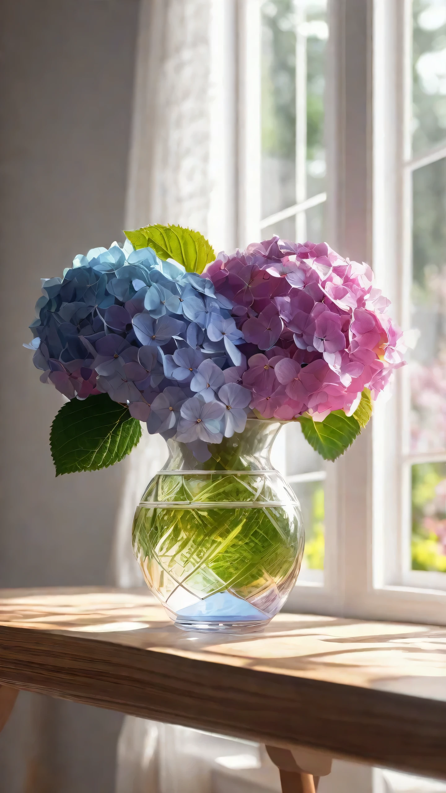 Colorful２Ring of hydrangea, Transparent vase, Sparkling, Sparkling,, White wall, Window frame, Impressive light and shadow, Tasteful wooden table, Morning time, Photographic realism, Super detailed, 4K, Depth of written boundary, High resolution