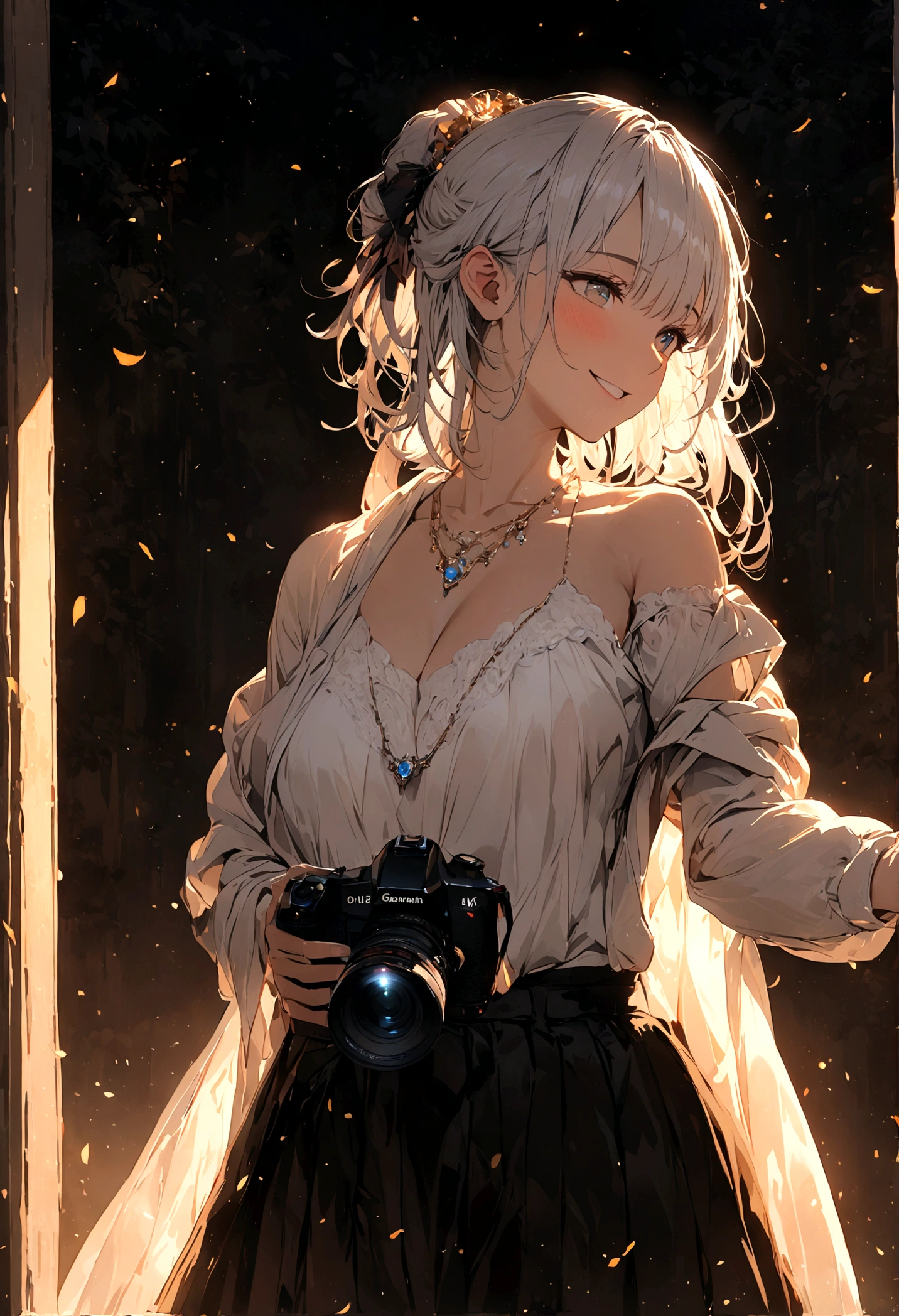 German, Beauty, Smile, wear a skirt, best quality, masterpiece, Hair accessories, necklace, Jewelry, Pretty Face, Physically, Tyndall effect, Practical, Side lighting, Two-color lighting, (High Detail Skin: 1.2), 8K UHD, Digital SLR Camera, Soft Light, high quality, Volumetric Light, frank,