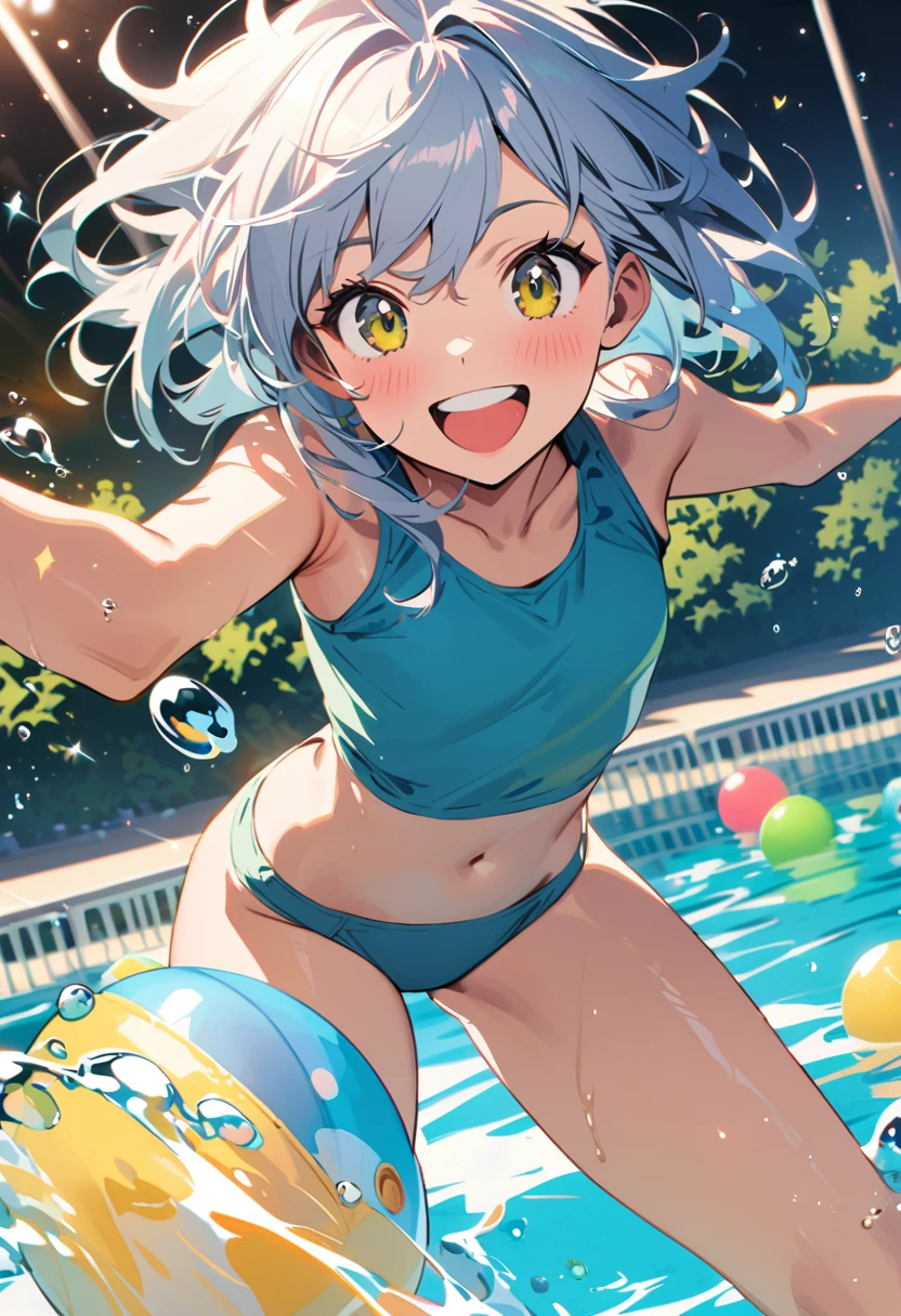 popart style, (best quality, masterpiece, ultra highres, ultra-detailed:1.2) , t girl,girl enjoying life,wearing a yellow life vest and school swimsuit,pool,very happy,smile,splash effects,whole body,(bubble:1.2),(sparkle:1.2),