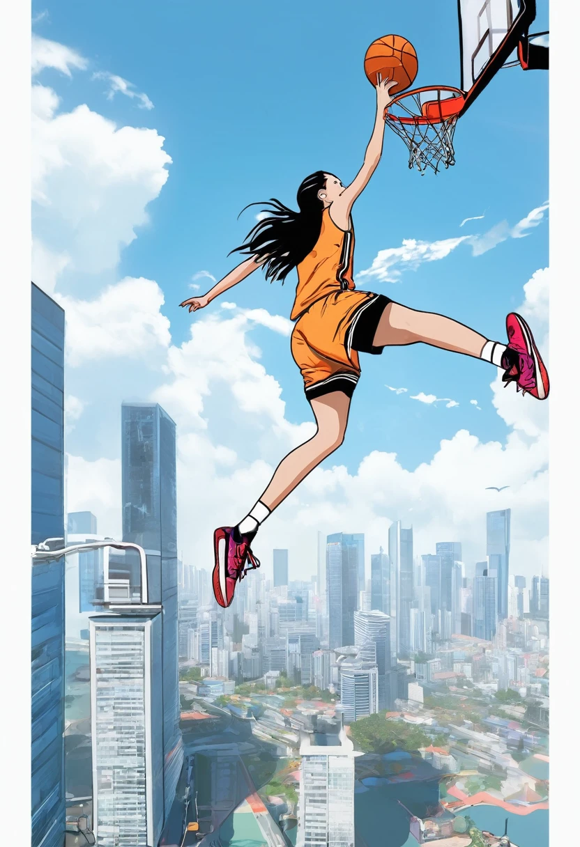 (masterpiece), (highest quality),Real、A female basketball player jumps from the ground to dunk on a basketball goal on the top floor of a skyscraper.、、A small view of the city below、Dynamic Movement