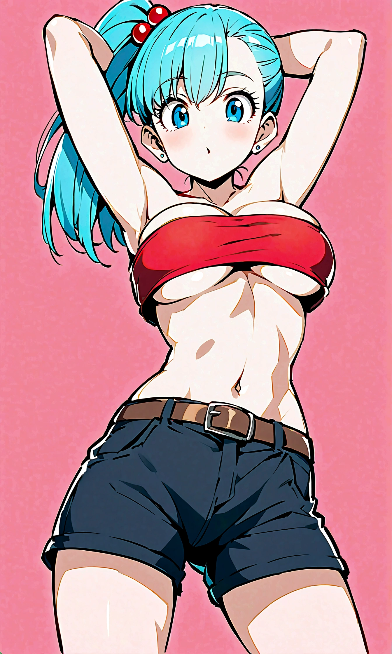 score_9, score_8_up, score_7_up, BREAK from front, ,macro shot,1girl,bulma, blue eyes, blue hair,bare shoulders, belt, cleavage, hair bobbles, hair ornament, hair over shoulder, ,large breasts,midriff, navel, one side up, red tube top, shorts, side ponytail, (strapless, tube top,under_boob:1.2),(arms up,arms uo behind,contrapost,standing),