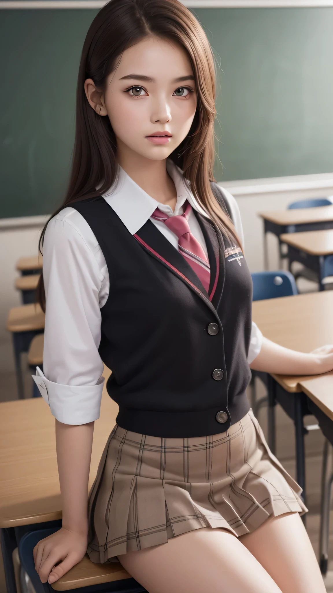 (((full bodyesbian)))、((Girls' High School Uniforms))、((1a person))、short-hair、Close to the subject、((Panties look like you can see))、((a miniskirt))、(((school classrooms))、(((ssmile)))、(((Girls' High School)))、((a beauty girl))、((sexy pose))、Photorealsitic、Beautiful detailed eyes、Hyper-Realism、highcontrast、Ultra HD、realistic skin textures、Top image quality、top-quality、超A high resolution、Fine details、Very meticulously