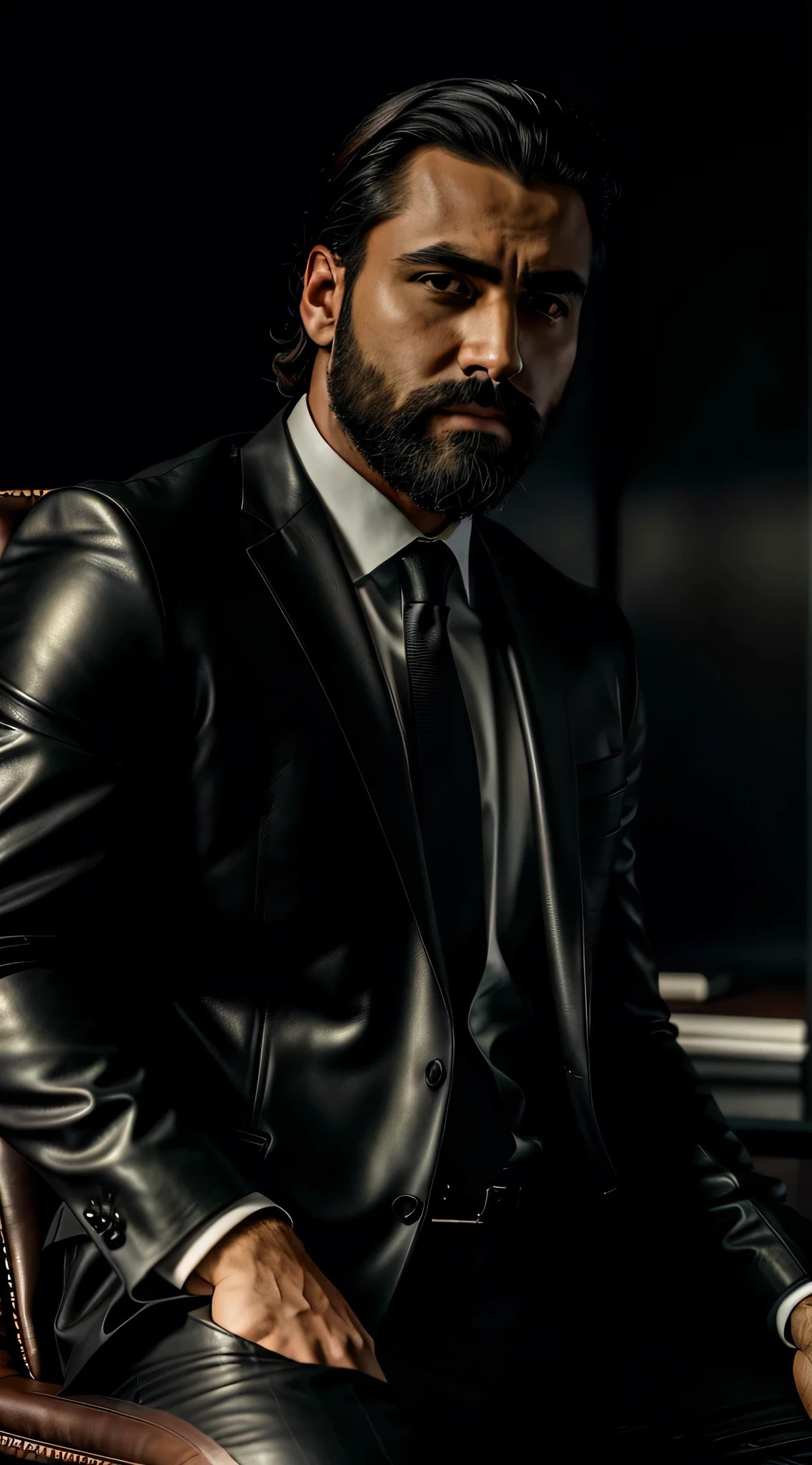 ((Half Body Shot, RAW File)) Corporate CEO Man, seated in a leather office chair, donning a sleek black business suit, sports a well-groomed dark beard - reminiscent of a certain character from a popular movie scene. His demeanor exudes an impeccable air of seriousness and elegance, framed by thick, brooding male eyebrows. A dark, moody black background accentuates his mysterious and intense facial expression. The image, captured in high quality and realistic detail, showcases a masterpiece of photographic artistry - (Best Quality, 8k, Masterpiece).