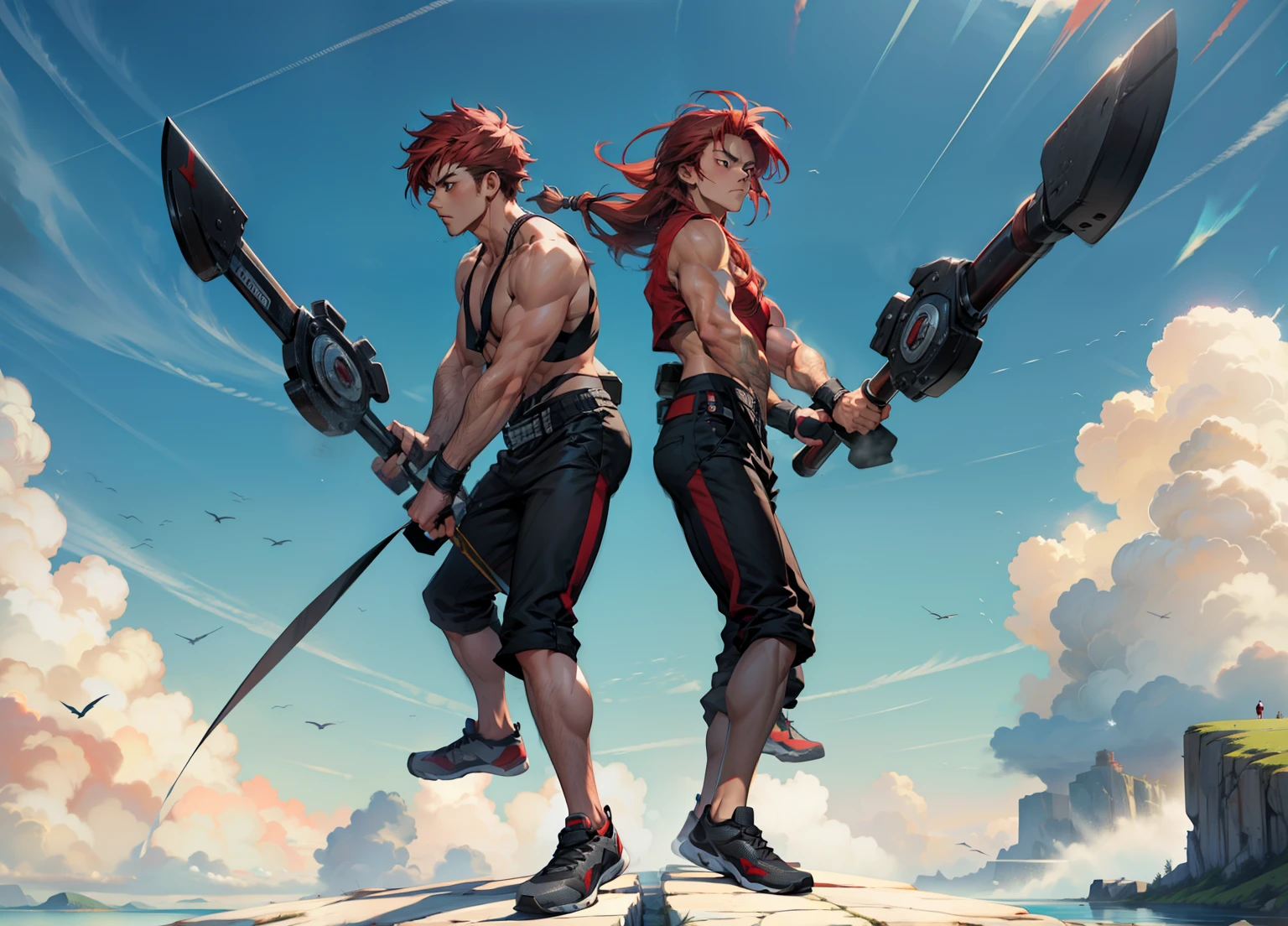 1boy, 26 Years old, Serious face, red hair, long hair, muscular, shirtless, ((black long pants)), holding giant sword , blue sky, cloud