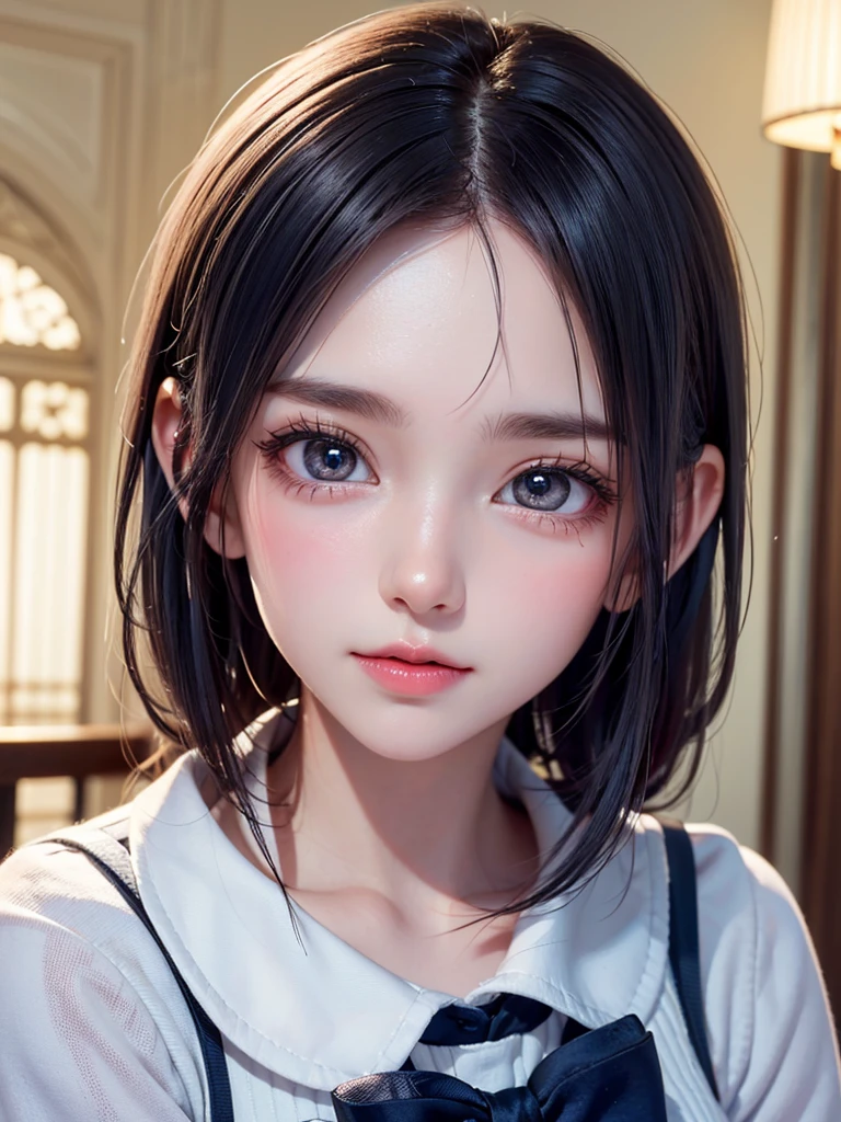 One Girl,(1人のとてもcute女の子:1.3),masterpiece,highest quality,High resolution,Photorealistic,RAW Photos,Ray Tracing,beautiful girl,(15 years old:1.3),cute,Big eyes,(detailed pupils:1.2),(The face is facing straight ahead:1.3),Body facing forward,Beautiful nose,Fuller lips,Short black hair,ponytail,short hair,Detailed eyelashes,Thin eyebrows,Very fine grain definition,(Symmetrical eyes:1.3),(Face close-up,Face Focus:1.0),White and navy blue sailor suit,,Portrait,View Viewer,Small breasts,Cinema Lighting,High resolution,Very detailed