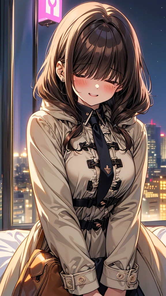 (Woman close up)、Depiction of the upper body、((20-year-old female))、((Smile))、((Tie-up hair、Brown Hair))、((Blushing))、((Open your mouth a little、High resolution、32K))、((Duffle coat))、((Late night love hotel district、neon))