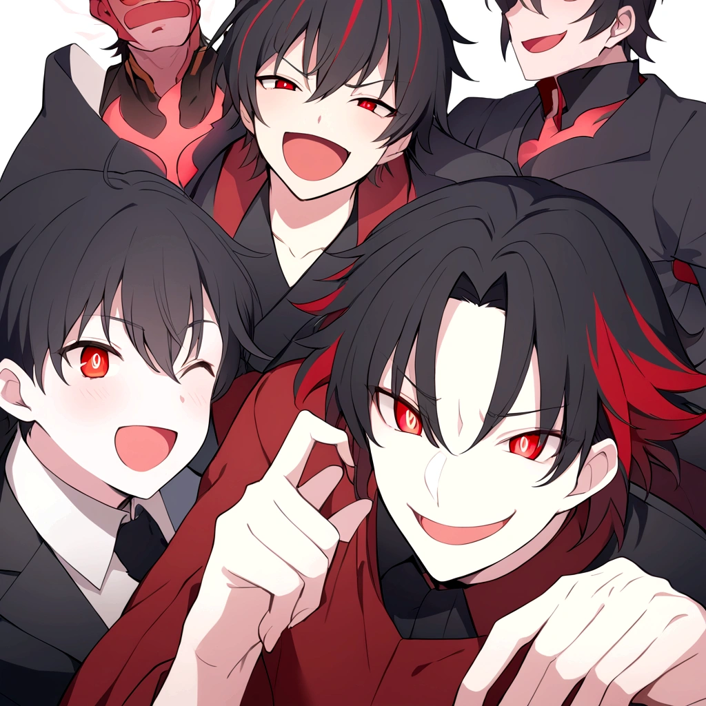 whole body　Laughing anime boy with red eyes and black hair, His eyes are glowing red, [[[[smile wickedly]]]], His eyes were glowing red, gapmoe yandere, Eyes completely red、lack of pupils, Okikata Kazuto, Male Anime Characters, Red eyes glow, Laughing lasciviously, With eyes that glow red