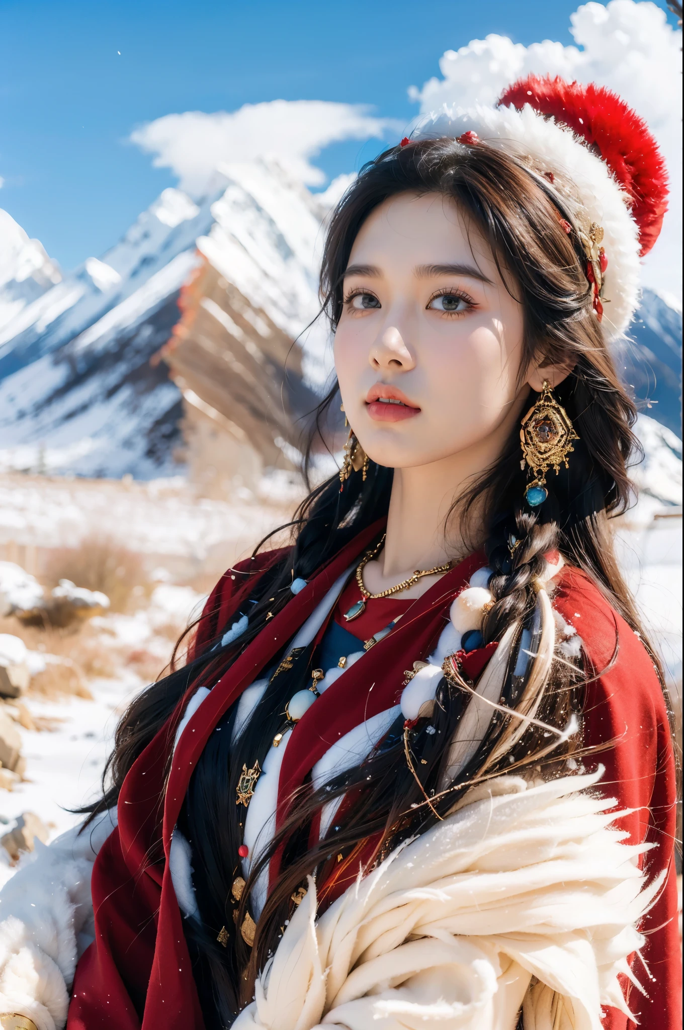 (masterpiece, best quality:1.2),red Tibetan clothing,1 Tibetan girl, blue sky, cloud, cloudy sky, day, earrings,Plush hat, horizon,Tibetan Earrings,jewelry,necklace, lips,snow mountain, outdoors, parted lips, red lips, solo, upper body,cleavage,gigantic breasts,navel