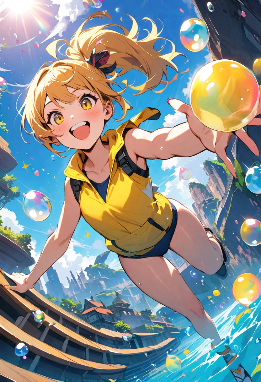 popart style, (best quality, masterpiece, ultra highres, ultra-detailed:1.2) , tween girl,girl enjoying life,((wearing a yellow life vest)) and school swimsuit,pool,floating,fantasy landscape,very happy,smile,splash effects,whole body,(bubble:1.2),(sparkle:1.2),