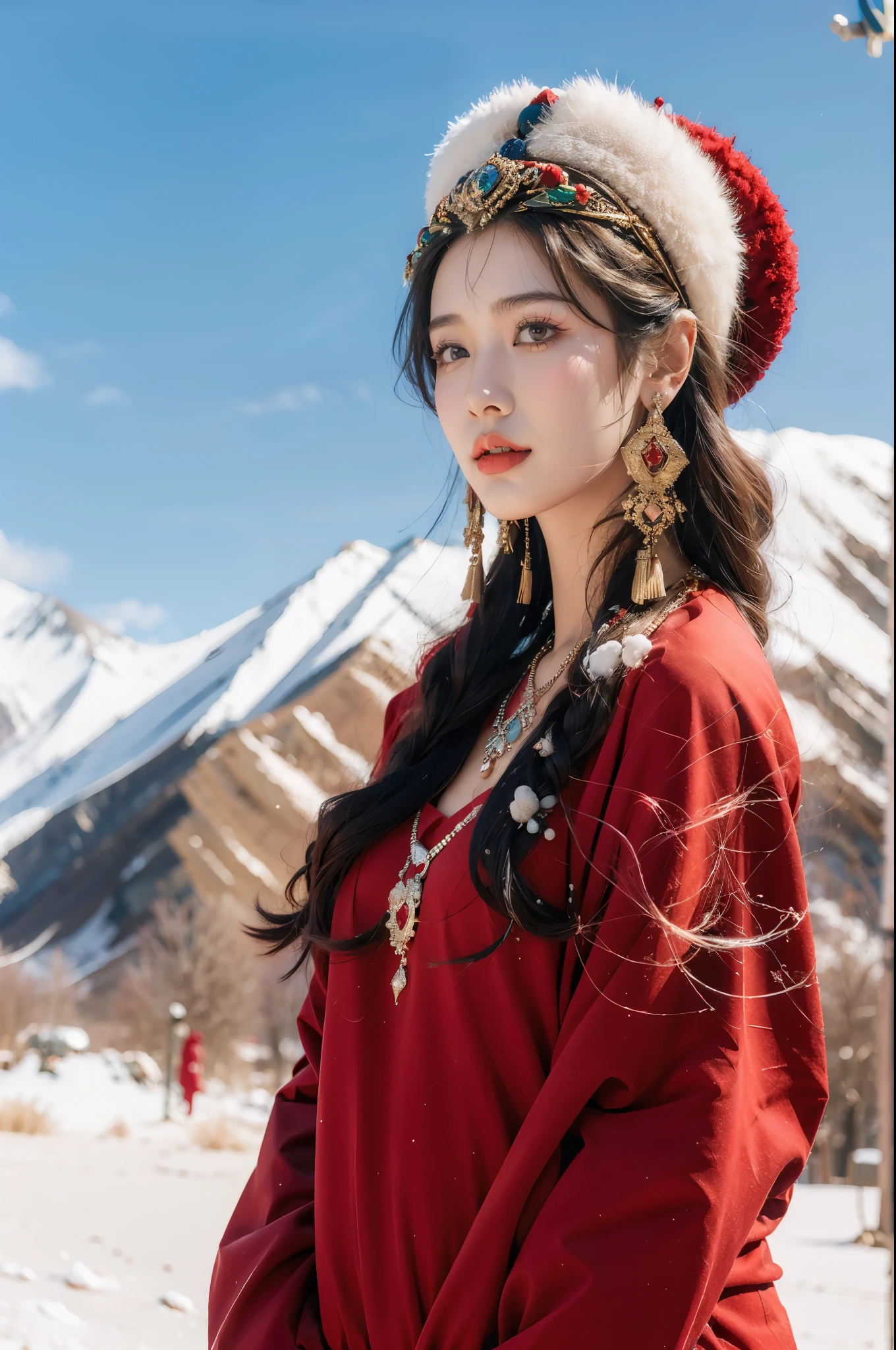 (masterpiece, best quality:1.2),red Tibetan clothing,1 Tibetan girl, blue sky, cloud, cloudy sky, day, earrings,Plush hat, horizon,Tibetan Earrings,jewelry,necklace, lips,snow mountain, outdoors, parted lips, red lips, solo, upper body,cleavage,gigantic breasts,navel