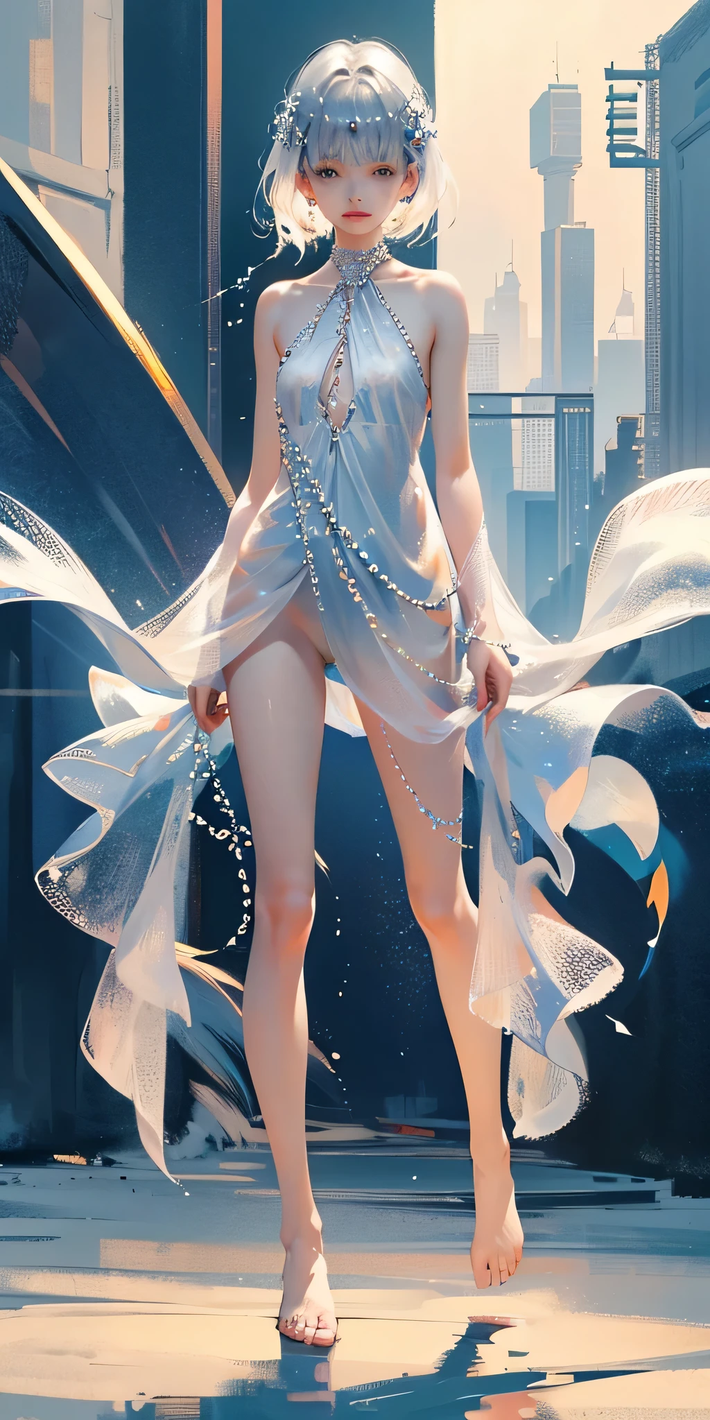 A girl、symmetry,Daughter,Whole body woman love,Put your hands together and bloom,(Very detailed:1.1),((small :1.2))、The eyes are well drawn、Charming eyes、Double tail、Wear jewelry and pearls around your neck,Transparent openwork、Deep V、Crystal Pearls、在Wear jewelry and pearls around your neck,white hair, show your thighs, Bare shoulders, Show clavicle, Yao Liu, barefoot,((whole body))、painful posture