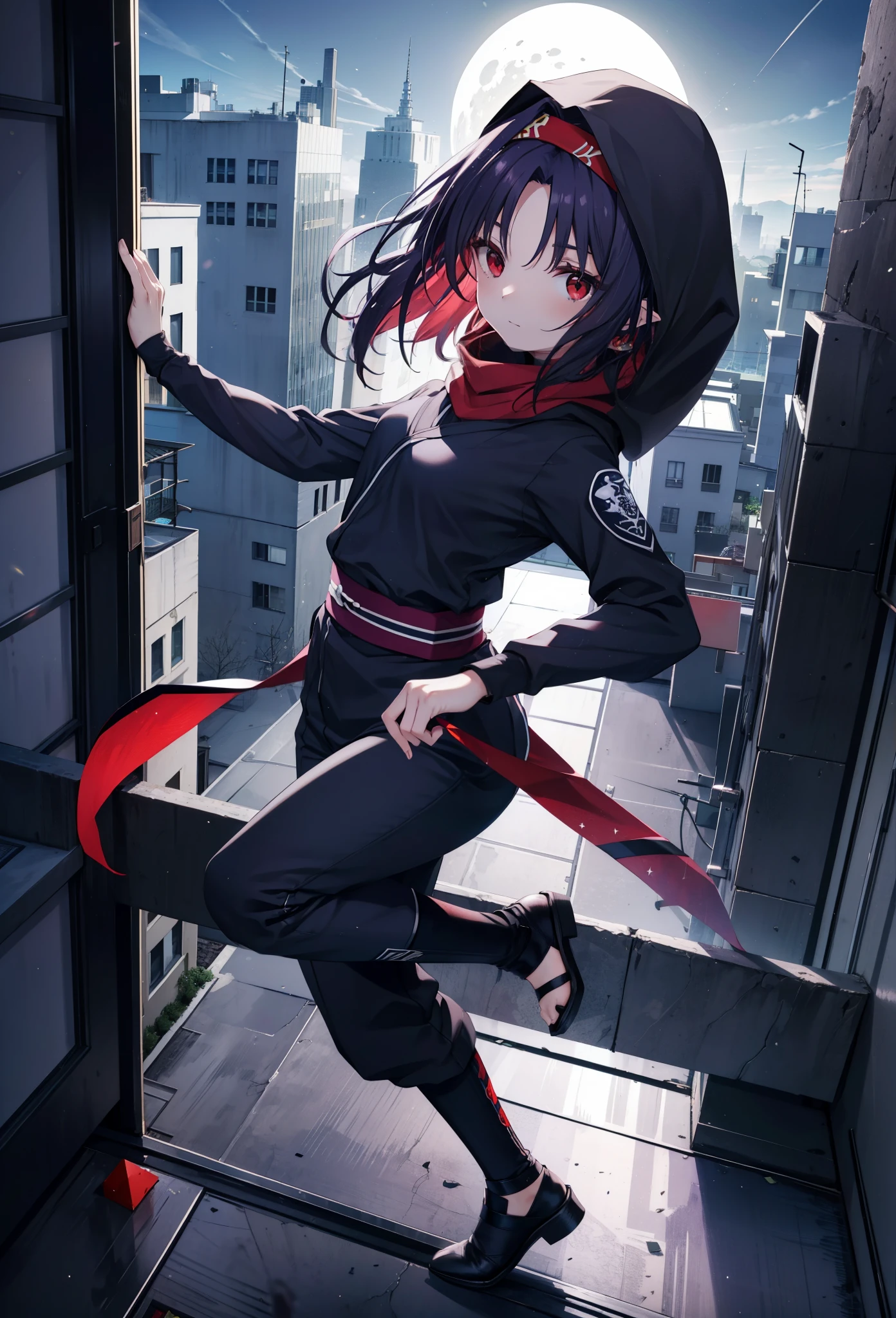 yuukikonno, Yuki Konno, hair band, Long Hair, Pointed Ears, Purple Hair, (Red eyes:1.5), (Small breasts:1.2),Hooded,cover your mouth with a black scarf,strict,black Ninja uniform,Ninja,black Ninja pants,short boots,Action pose,Overlooking the city from the roof of the building,moon,moon明かり,night,whole bodyがイラストに入るように,
break looking at viewer, whole body,
break outdoors ,Medieval European-style building,
break (masterpiece:1.2), highest quality, High resolution, unity 8k wallpaper, (shape:0.8), (Beautiful and beautiful eyes:1.6), Highly detailed face, Perfect lighting, Extremely detailed CG, (Perfect hands, Perfect Anatomy),