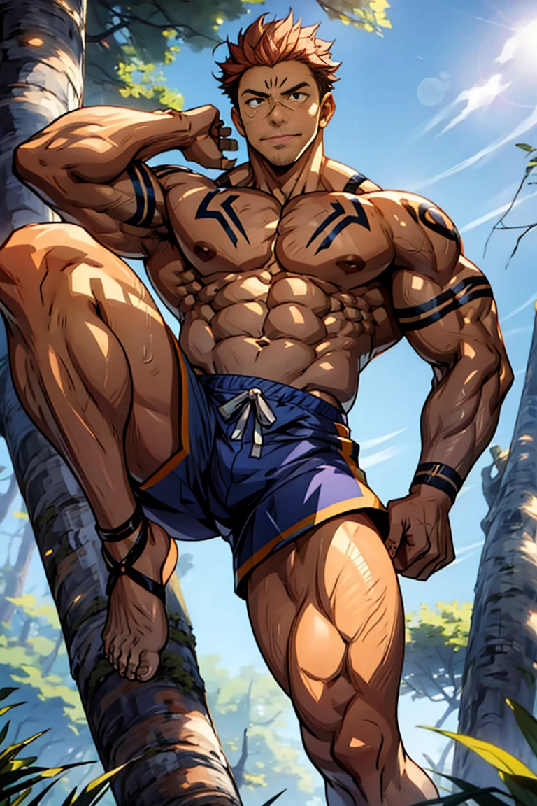 (canto da foto de baixo para cima) (imagem da mais alta qualidade) Lion man ,real, jovem, , vestindo shorts, virilha saliente, imagem de anime, Leaning against a tree, pernas bem abertas, male face, bonito rosto jovem, cabelo subcortado, huge muscle muscles of the chest, large strong thigh muscles, Biceps Sinewy muscles, Corpo enorme, corpo tonificado devido ao treinamento intenso, Well-developed muscles, ABS transparente de 8 embalagens, 3 metros de altura, topless, , pele brilhante, rede de suor pingando, hands on thighs, bare feet, Sem barba,Thick Legs,