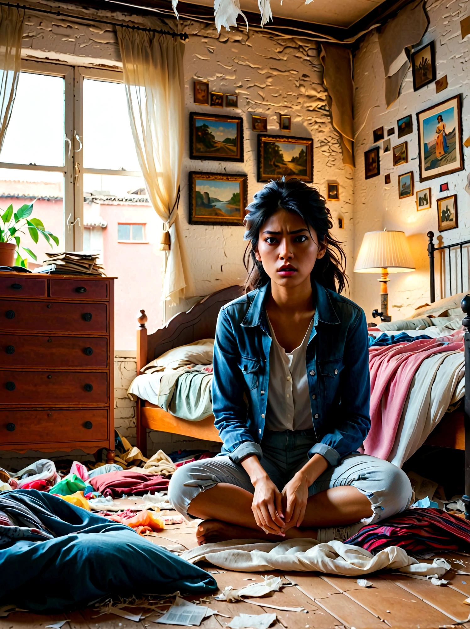 (a young girl with a disgusted expression), (Disgusted look:1.5), Messy hair, Sweating, Cleaning a messy room, dust, cobwebs, A bunch of clothes, Unmade bed, garbage on the floor, Realistic details, Realistic shadows, Realistic lighting, Natural light, Super Fine, Sharp focus, Physically Based Rendering, Extremely detailed description, major, Vivid colors
